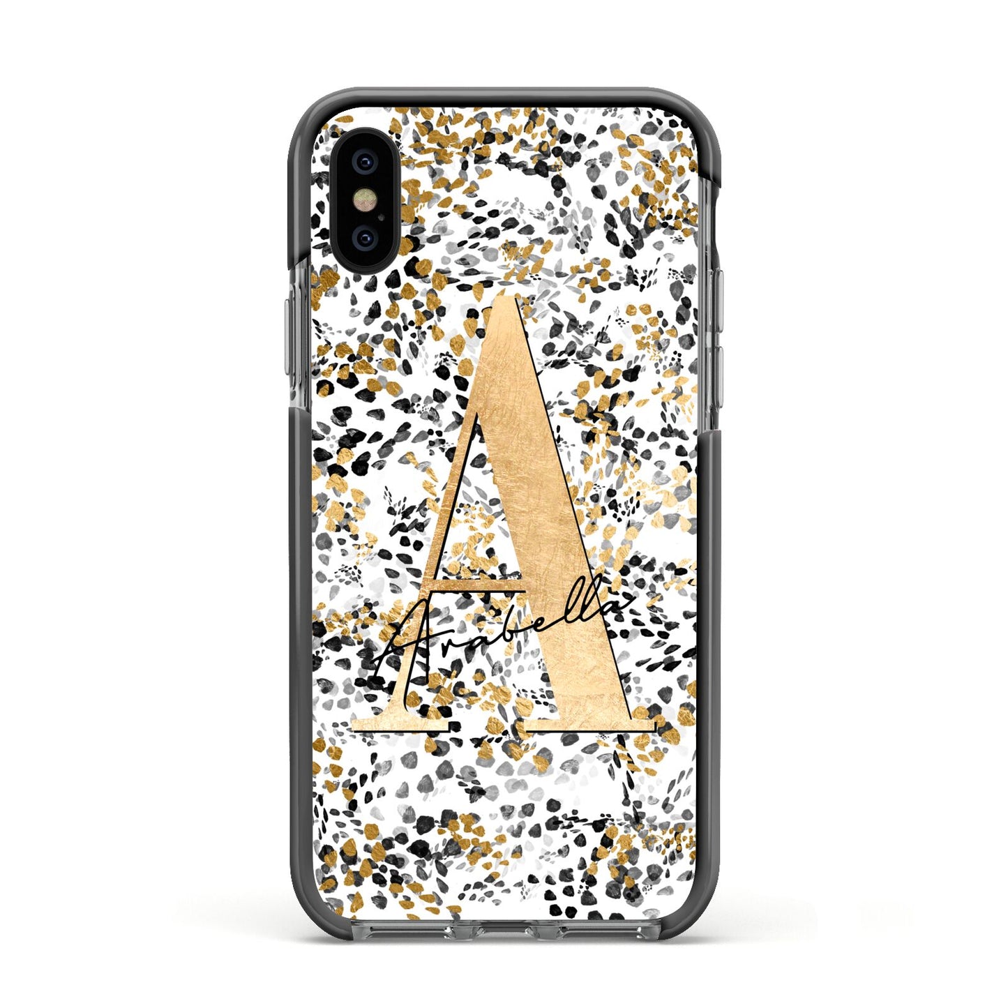 Personalised Gold Black Cheetah Apple iPhone Xs Impact Case Black Edge on Black Phone