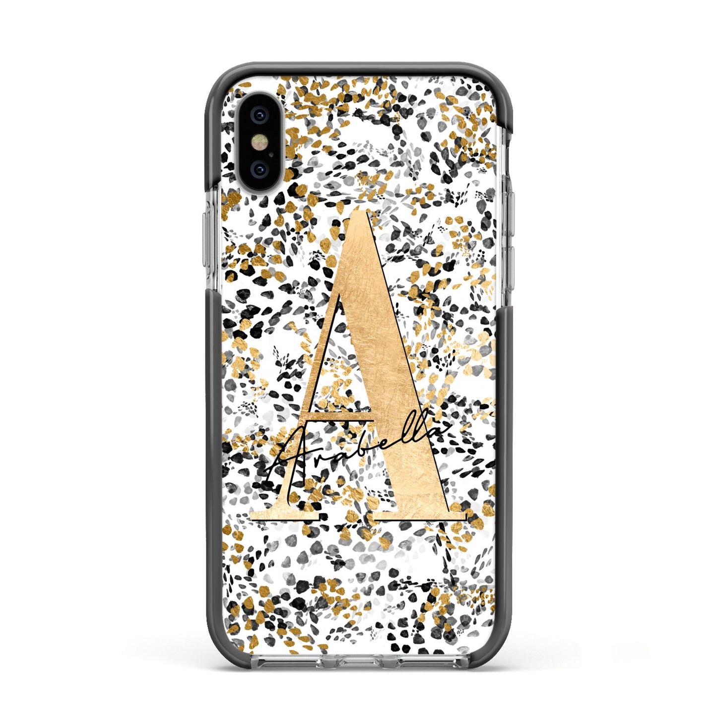 Personalised Gold Black Cheetah Apple iPhone Xs Impact Case Black Edge on Silver Phone