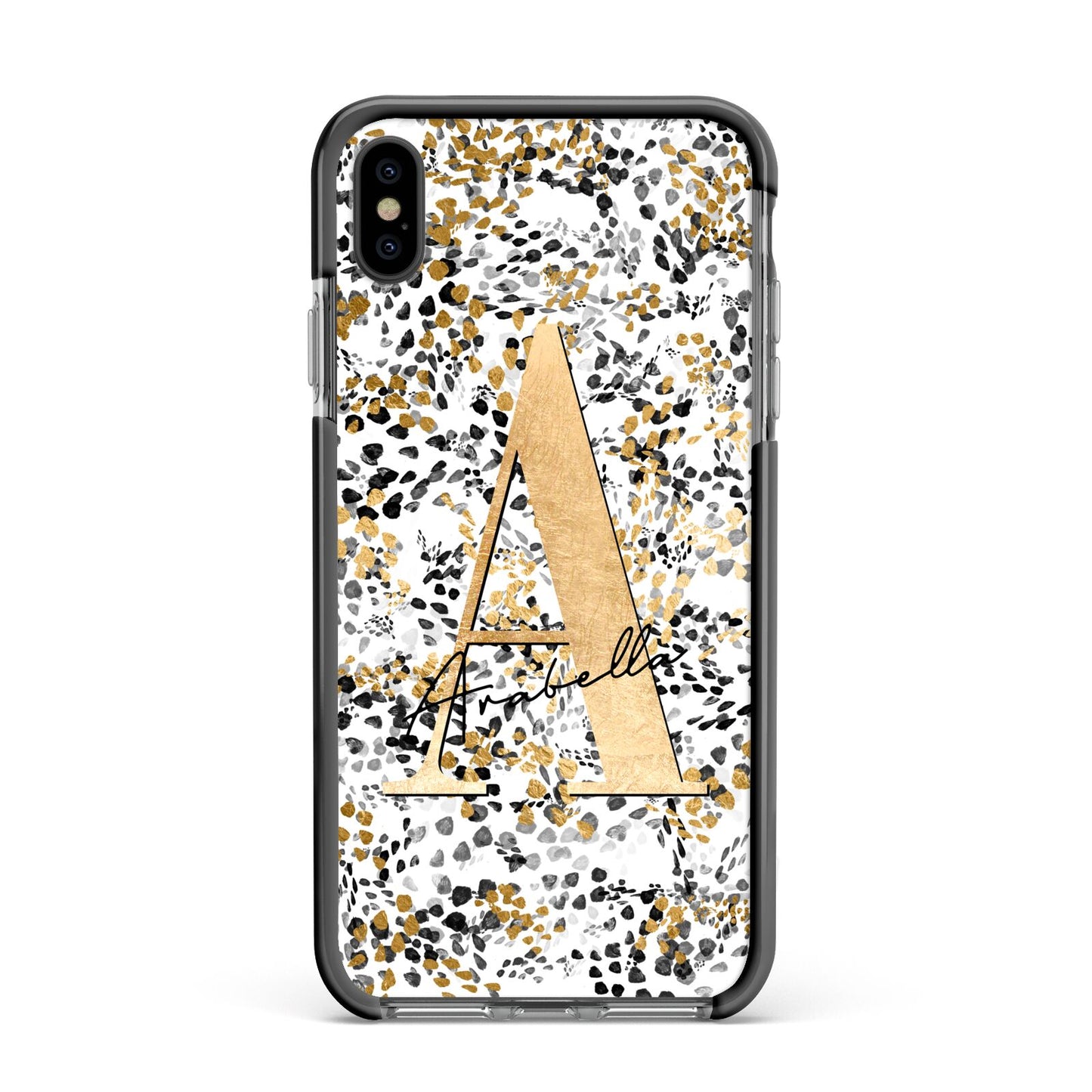 Personalised Gold Black Cheetah Apple iPhone Xs Max Impact Case Black Edge on Black Phone