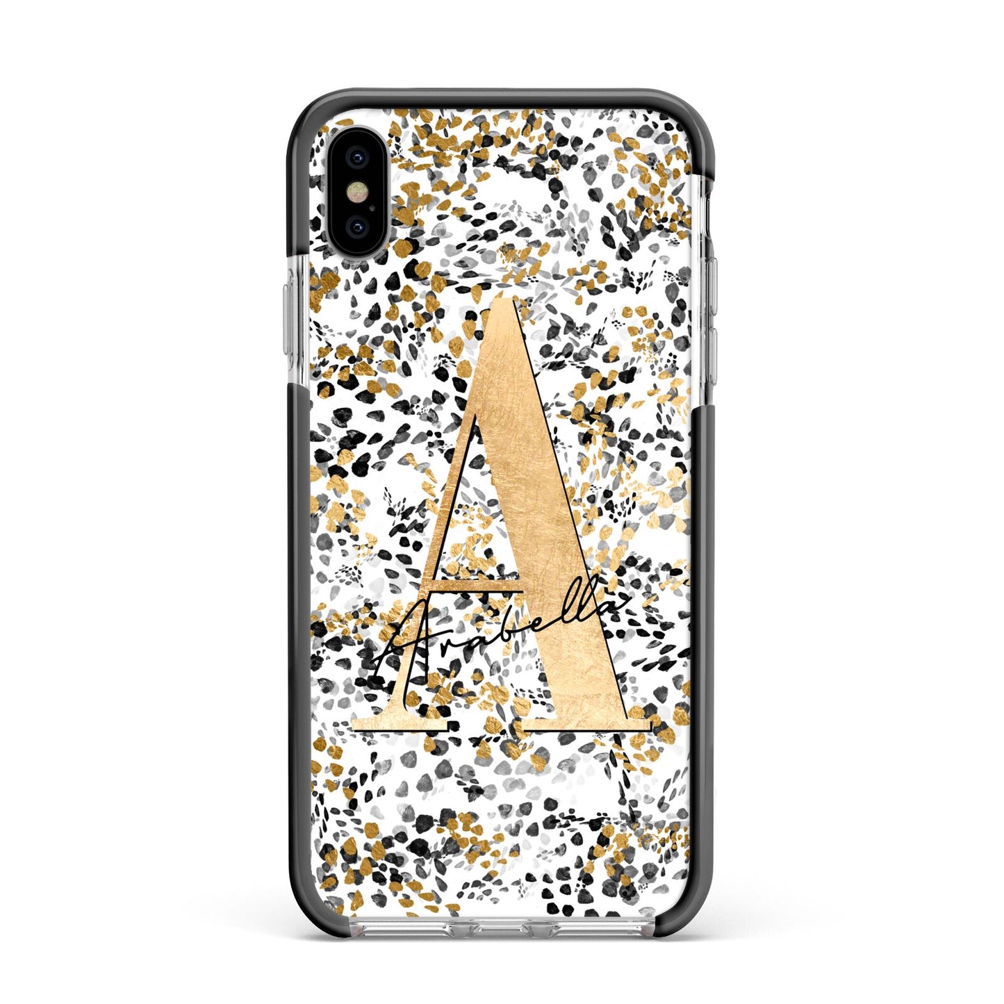 Personalised Gold Black Cheetah Apple iPhone Xs Max Impact Case Black Edge on Silver Phone