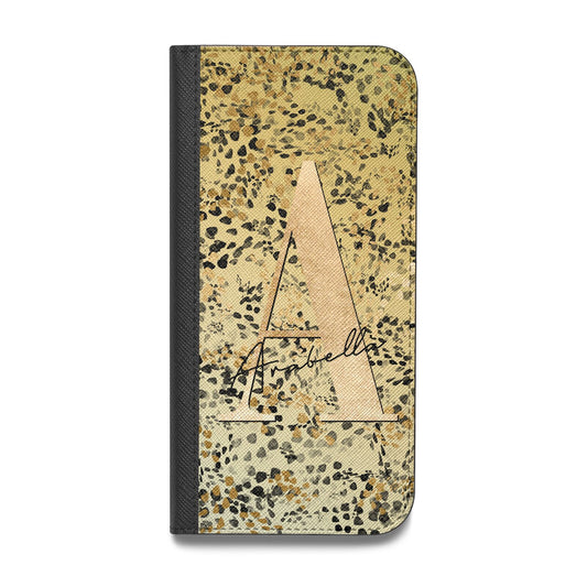 Personalised Gold Black Cheetah Vegan Leather Flip iPhone Case