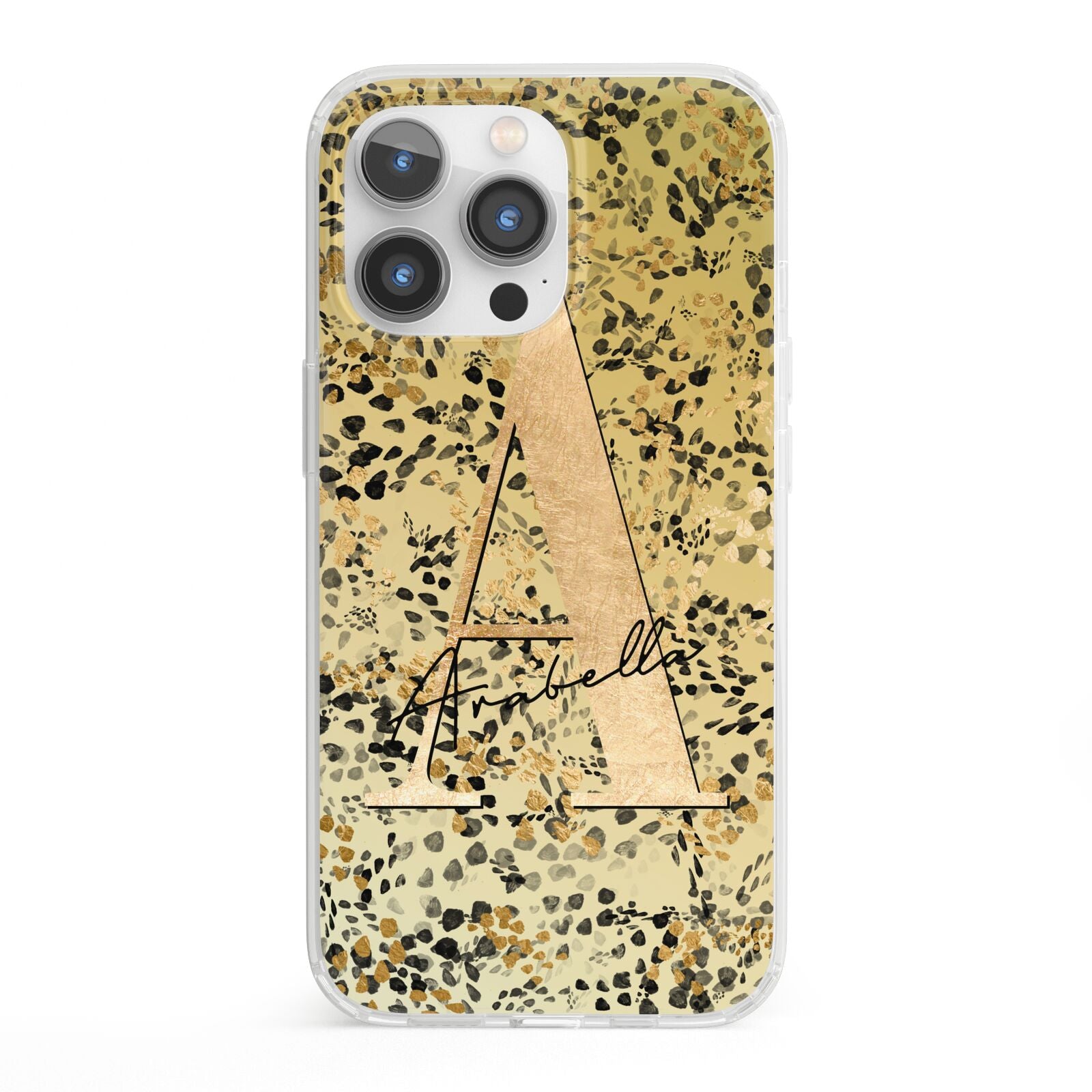 Personalised Gold Black Cheetah iPhone 13 Pro Clear Bumper Case