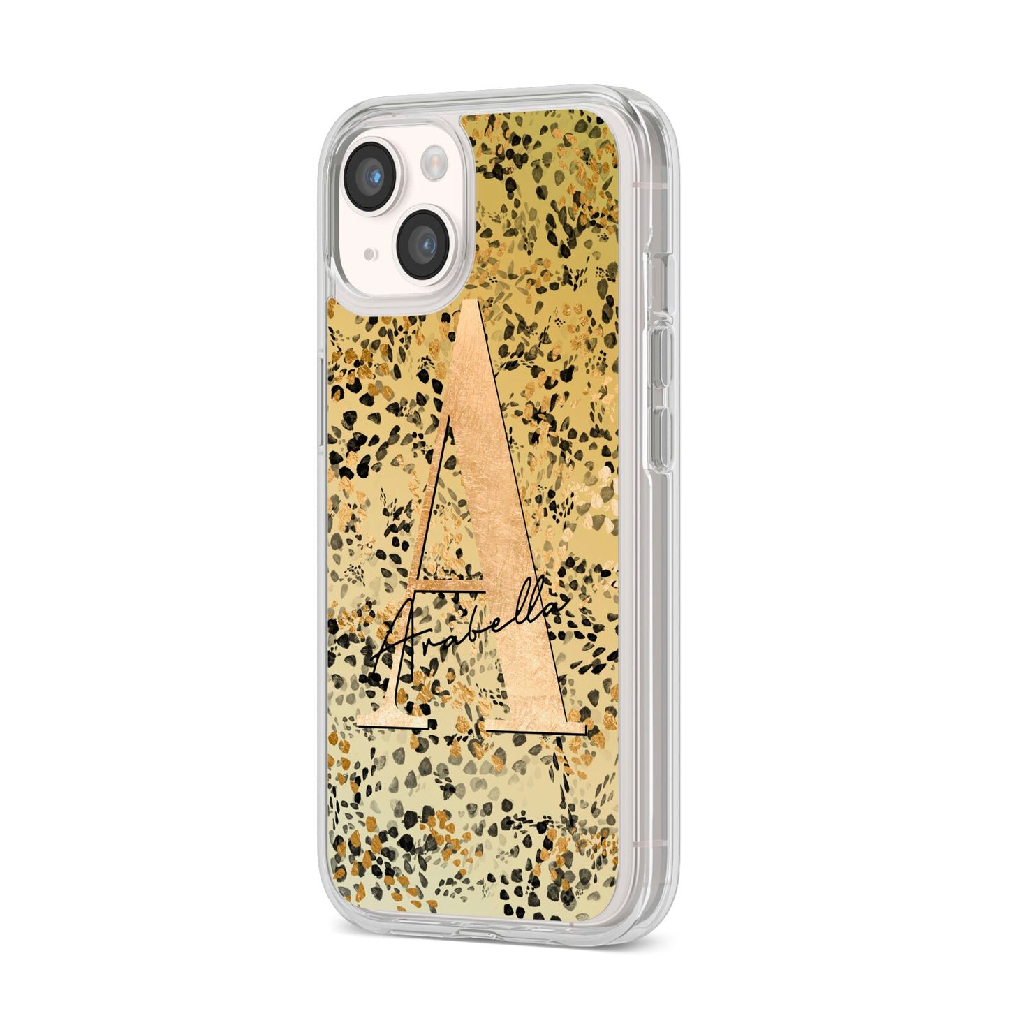 Personalised Gold Black Cheetah iPhone 14 Clear Tough Case Starlight Angled Image