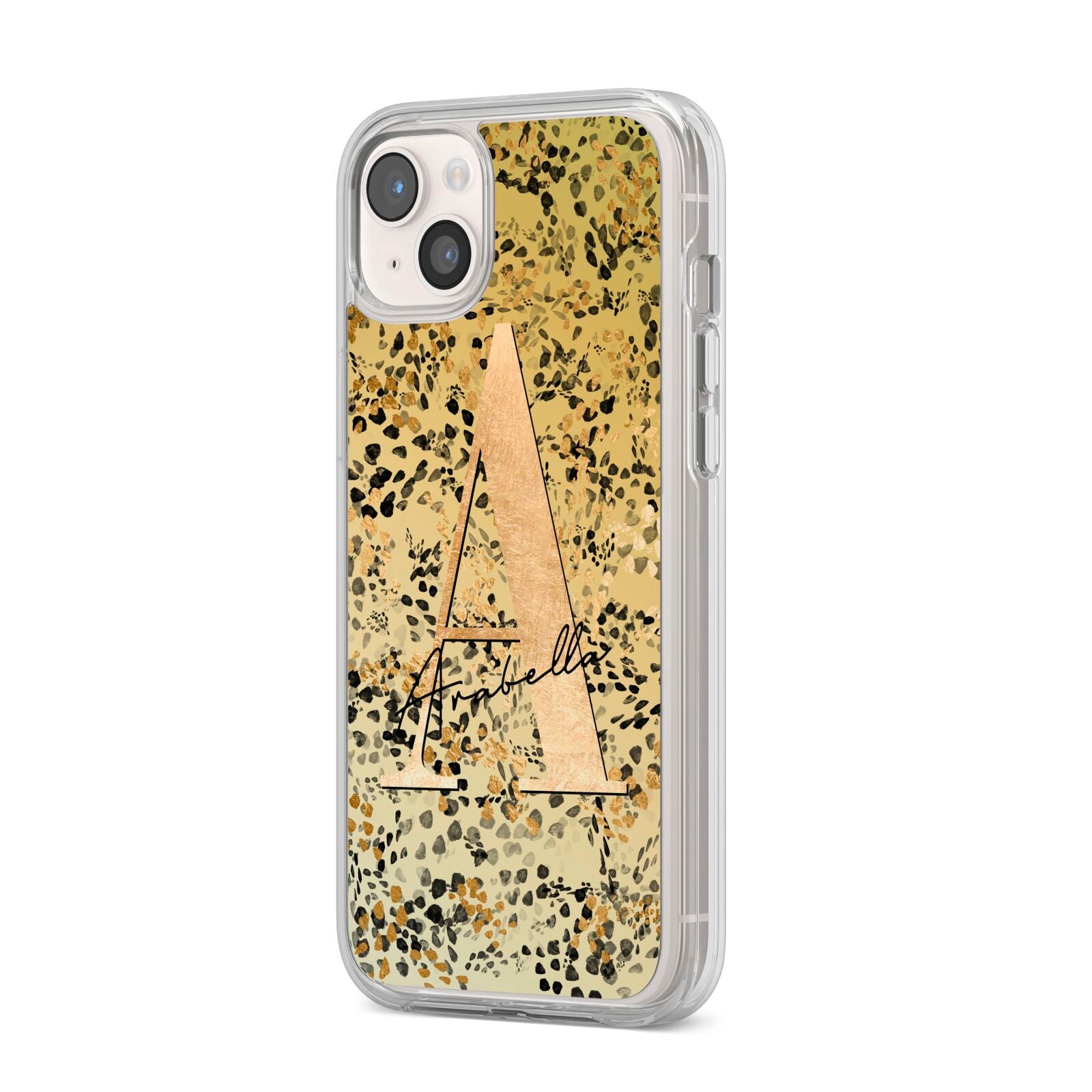 Personalised Gold Black Cheetah iPhone 14 Plus Clear Tough Case Starlight Angled Image