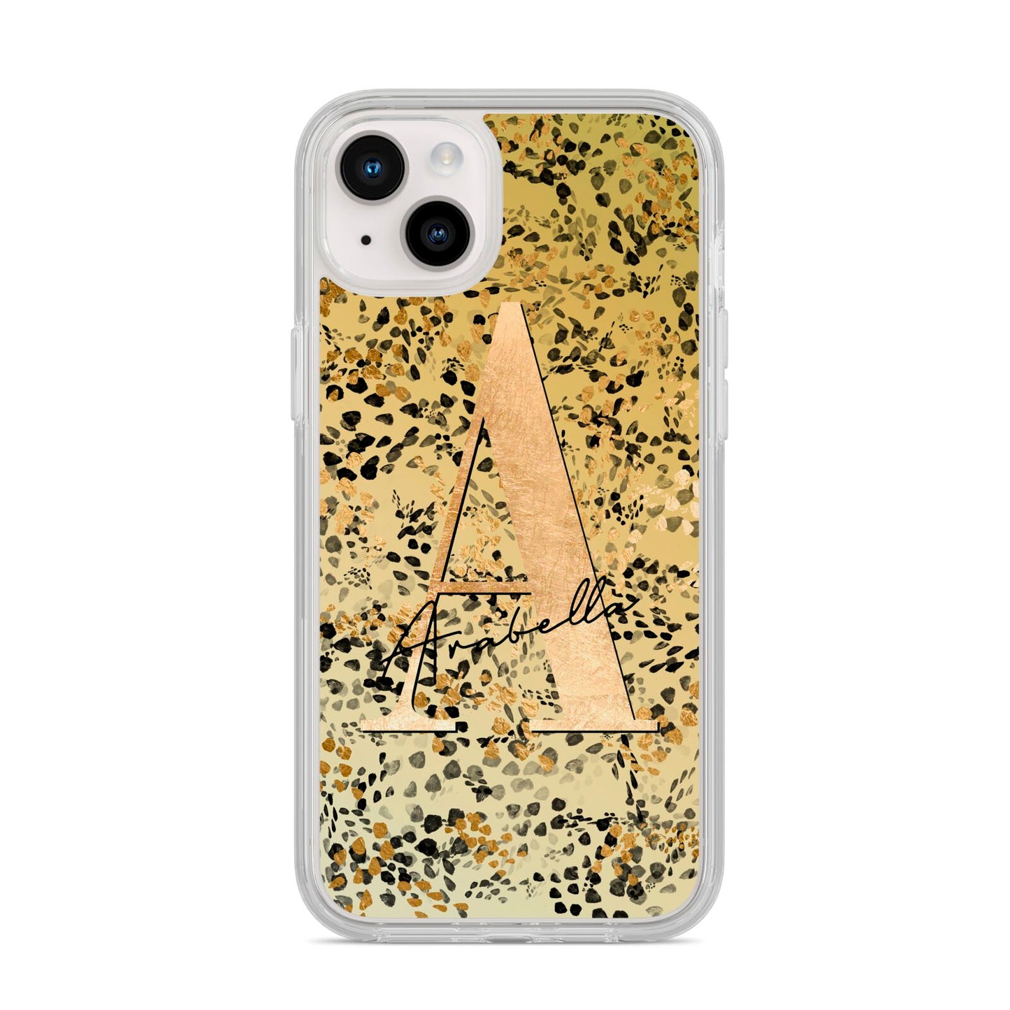 Personalised Gold Black Cheetah iPhone 14 Plus Clear Tough Case Starlight