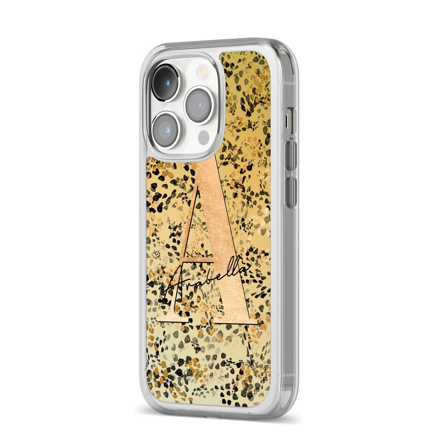 Personalised Gold Black Cheetah iPhone 14 Pro Clear Tough Case Silver Angled Image