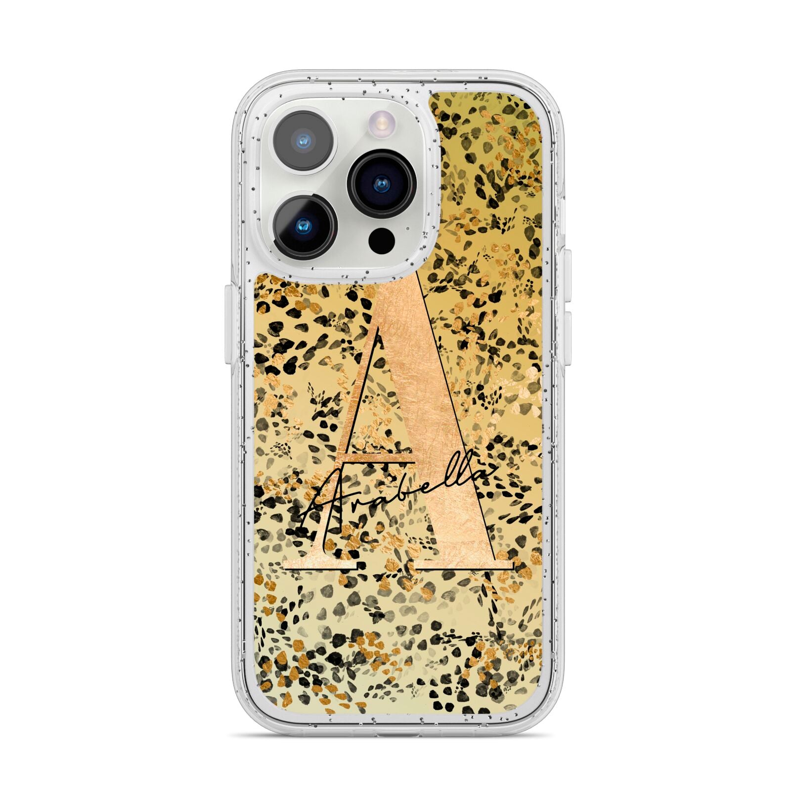 Personalised Gold Black Cheetah iPhone 14 Pro Glitter Tough Case Silver