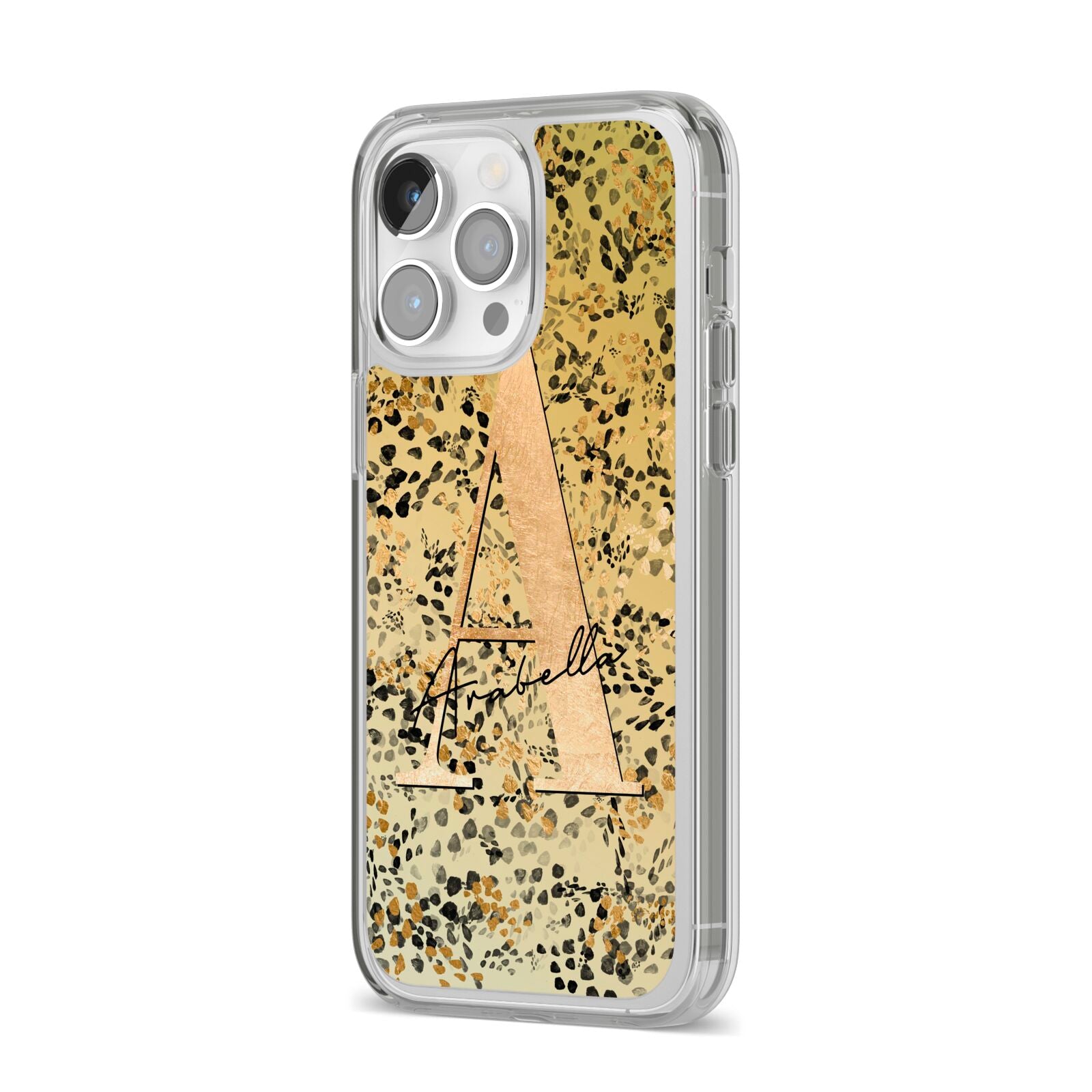 Personalised Gold Black Cheetah iPhone 14 Pro Max Clear Tough Case Silver Angled Image