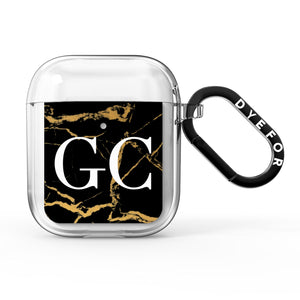 Personalised Gold Black Marble Monogram AirPods Case