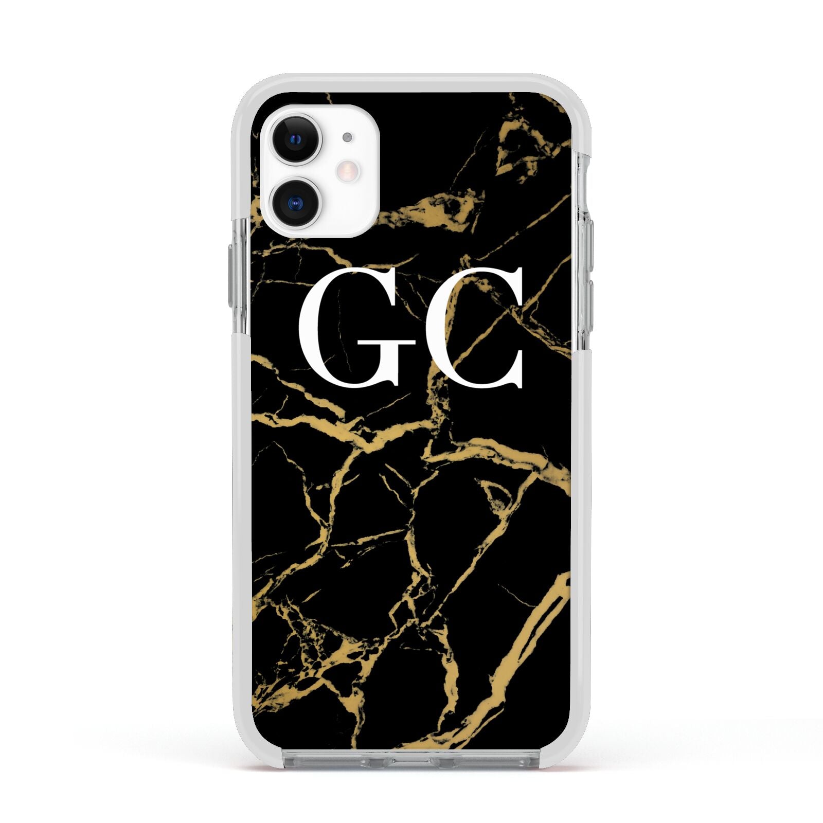 Personalised Gold Black Marble Monogram Apple iPhone 11 in White with White Impact Case