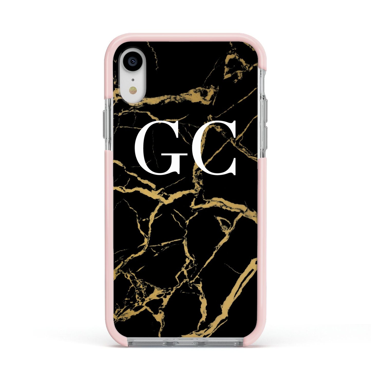 Personalised Gold Black Marble Monogram Apple iPhone XR Impact Case Pink Edge on Silver Phone