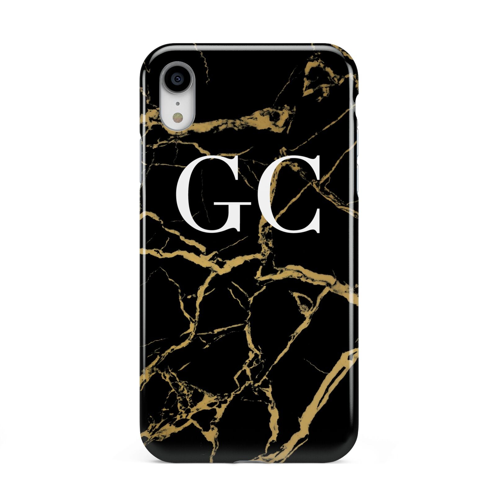 Personalised Gold Black Marble Monogram Apple iPhone XR White 3D Tough Case