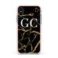 Personalised Gold Black Marble Monogram Apple iPhone Xs Impact Case Pink Edge on Silver Phone