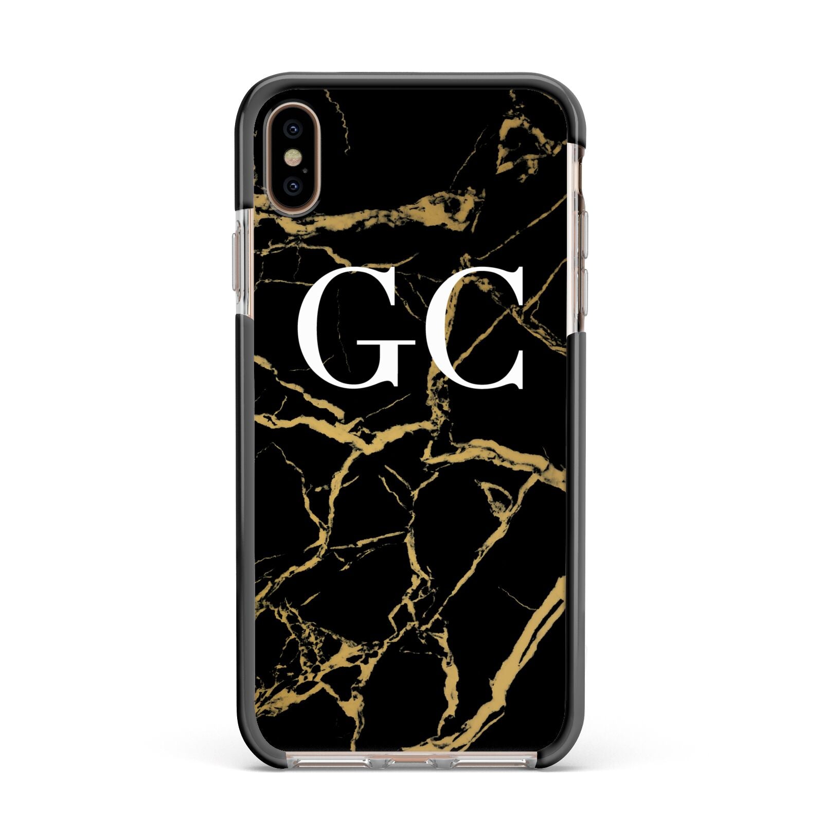 Personalised Gold Black Marble Monogram Apple iPhone Xs Max Impact Case Black Edge on Gold Phone