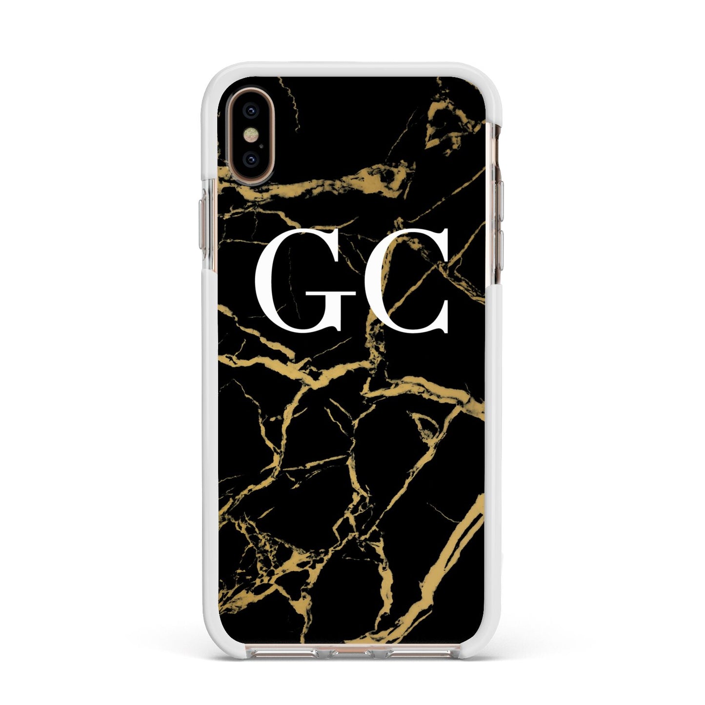 Personalised Gold Black Marble Monogram Apple iPhone Xs Max Impact Case White Edge on Gold Phone