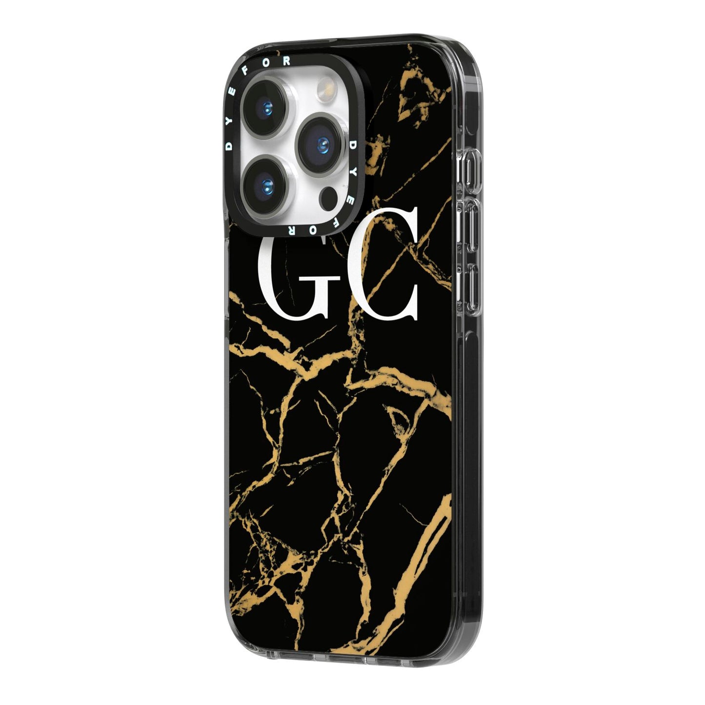 Personalised Gold Black Marble Monogram iPhone 14 Pro Black Impact Case Side Angle on Silver phone