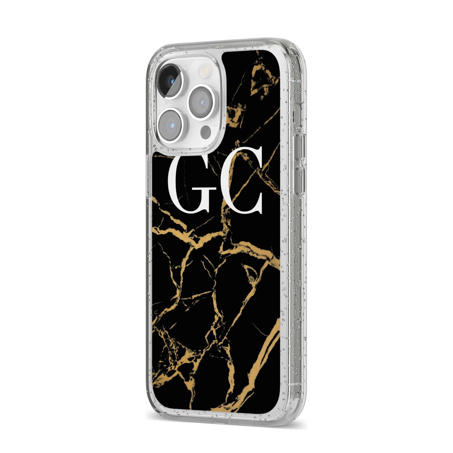 Personalised Gold Black Marble Monogram iPhone 14 Pro Max Glitter Tough Case Silver Angled Image