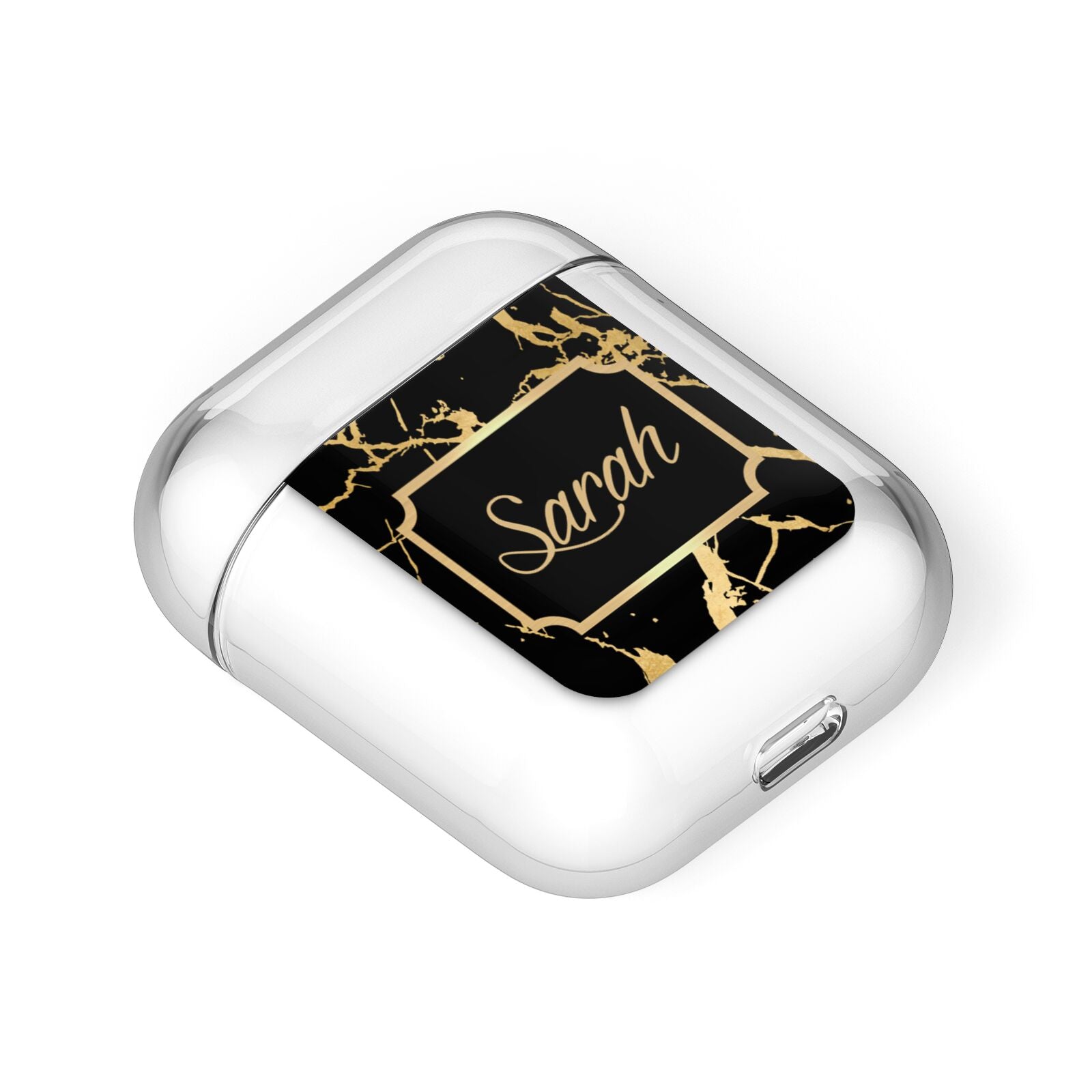 Personalised Gold Black Marble Name AirPods Case Laid Flat