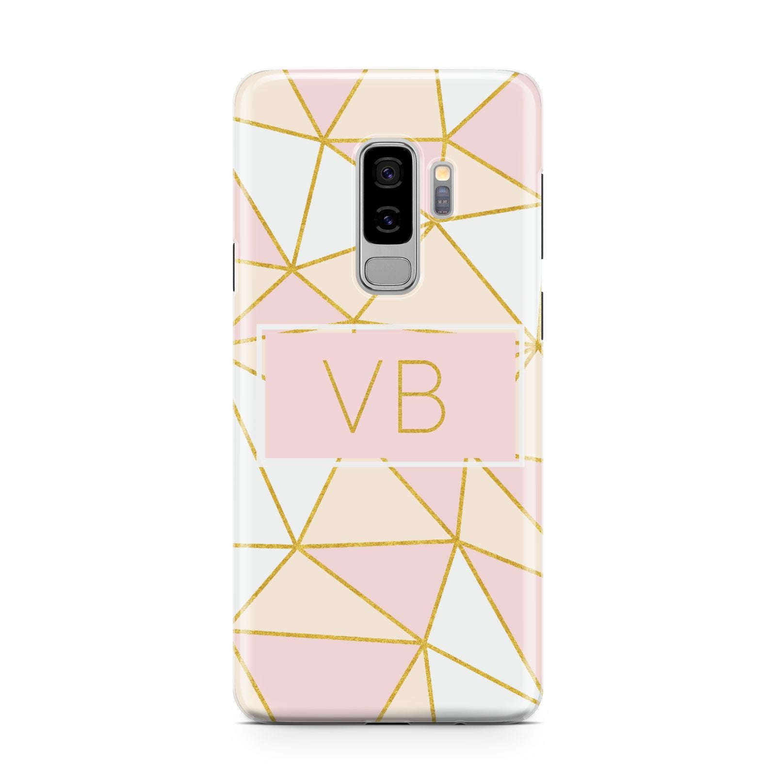 Personalised Gold Initials Geometric Samsung Galaxy S9 Plus Case on Silver phone