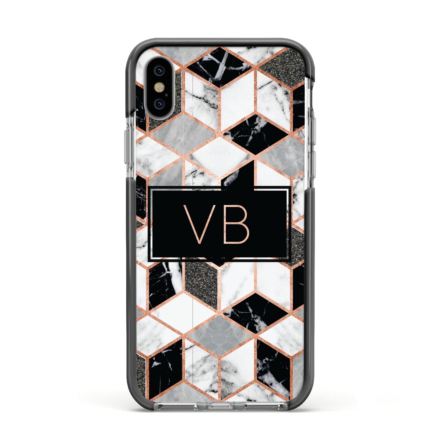 Personalised Gold Leaf Initials Marble Apple iPhone Xs Impact Case Black Edge on Silver Phone