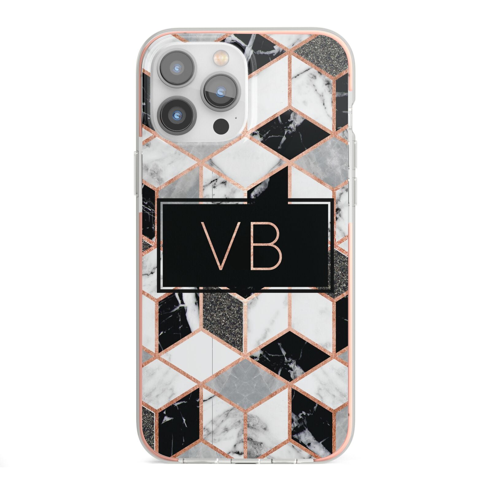 Personalised Gold Leaf Initials Marble iPhone 13 Pro Max TPU Impact Case with Pink Edges