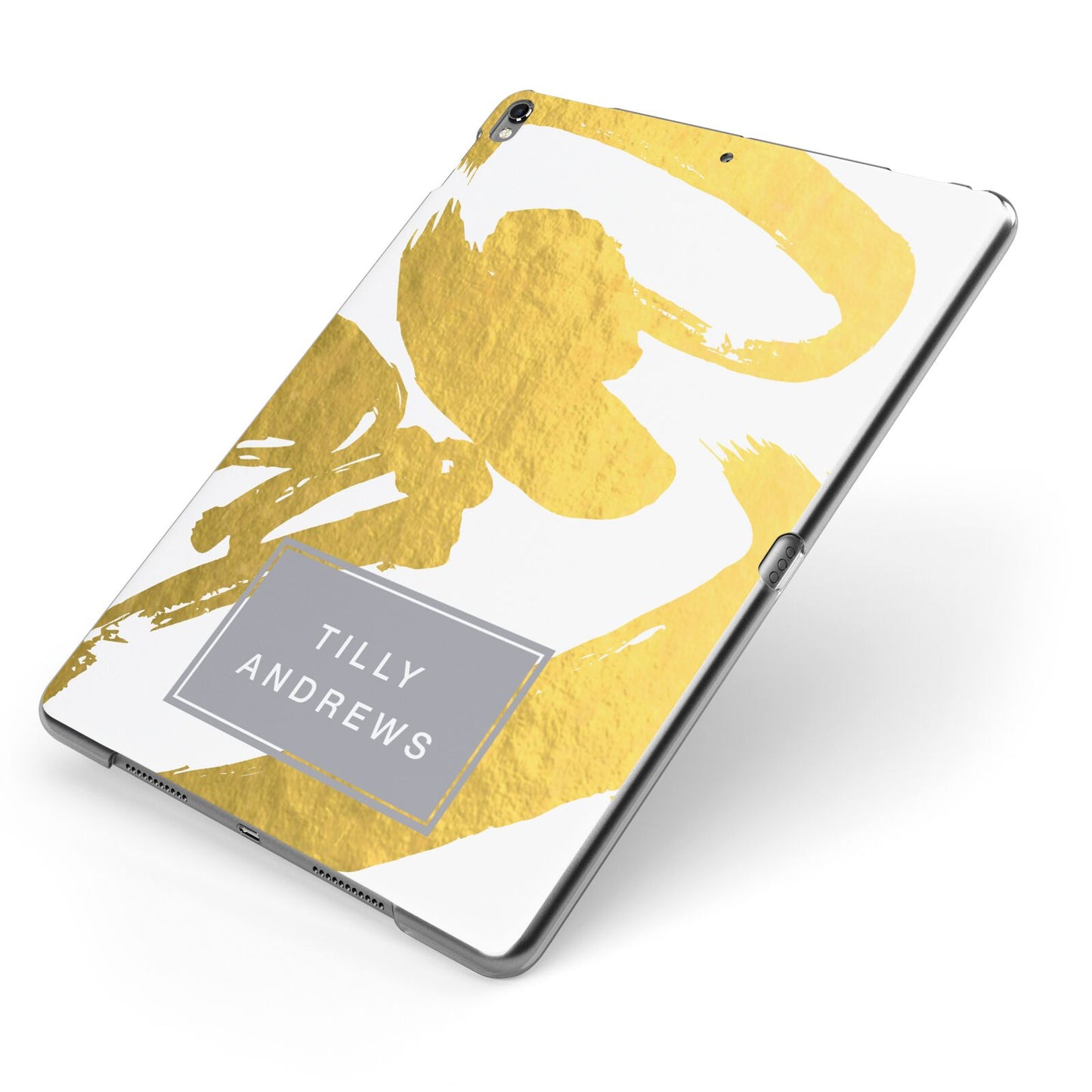 Personalised Gold Leaf White With Name Apple iPad Case on Grey iPad Side View