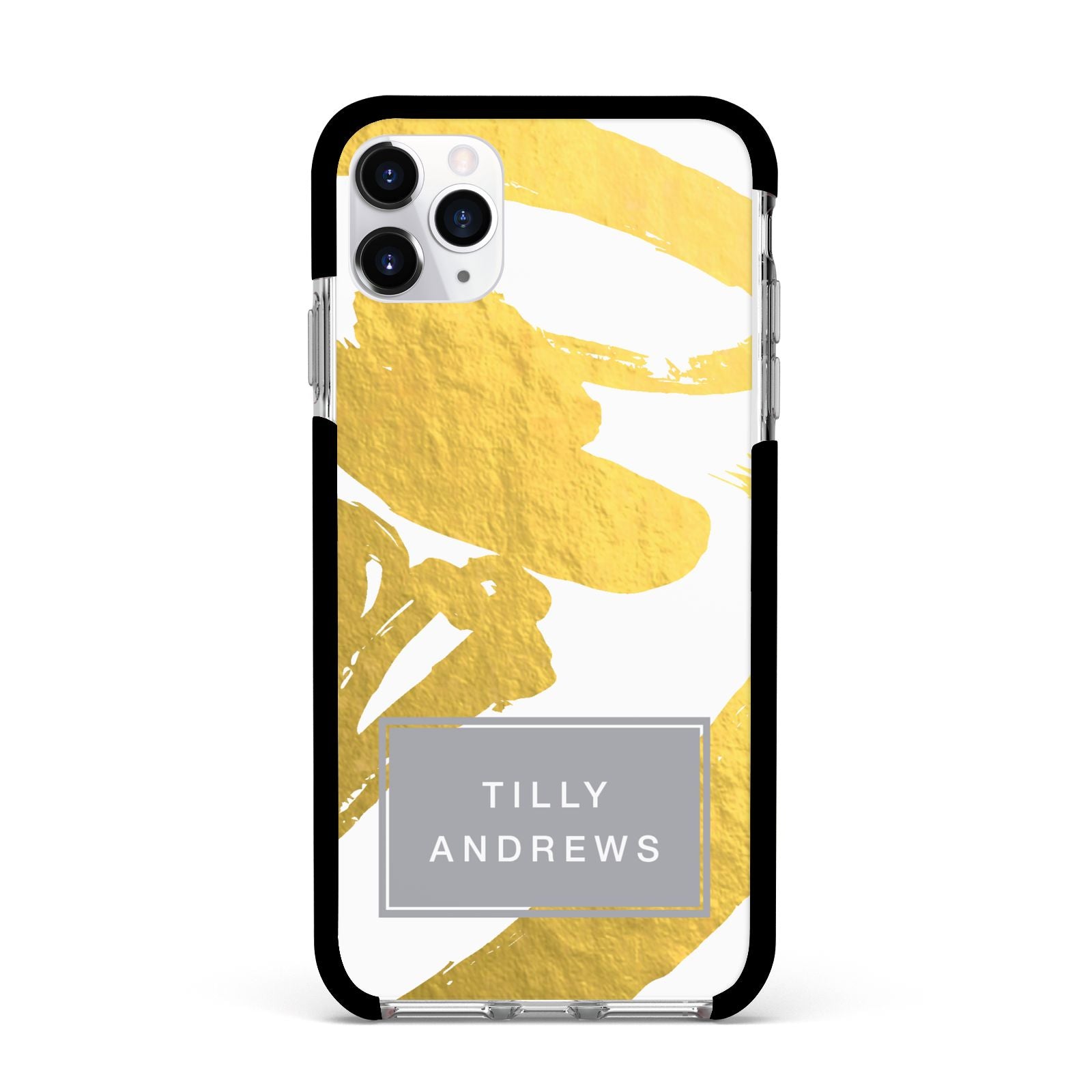 Personalised Gold Leaf White With Name Apple iPhone 11 Pro Max in Silver with Black Impact Case