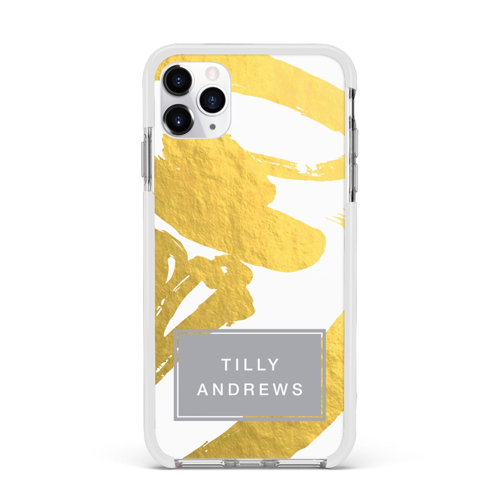 Personalised Gold Leaf White With Name Apple iPhone 11 Pro Max in Silver with White Impact Case