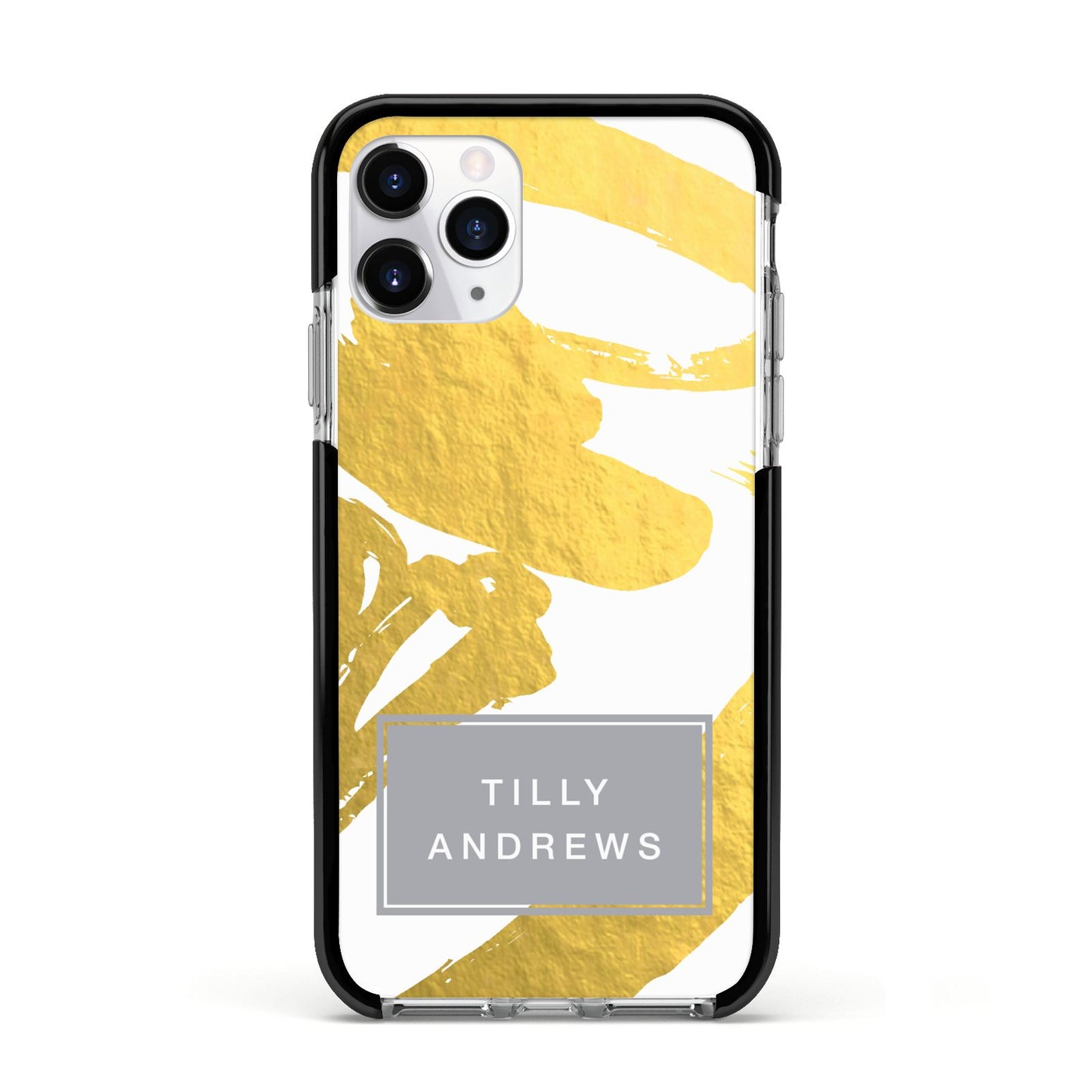 Personalised Gold Leaf White With Name Apple iPhone 11 Pro in Silver with Black Impact Case