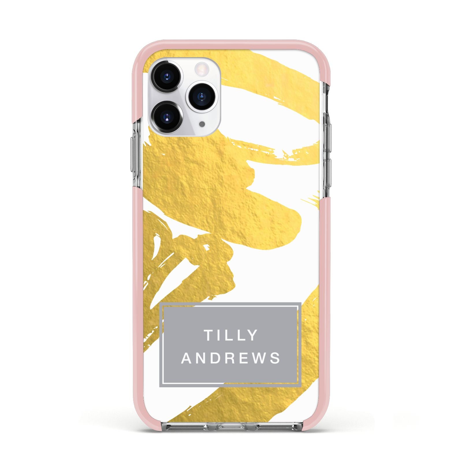 Personalised Gold Leaf White With Name Apple iPhone 11 Pro in Silver with Pink Impact Case