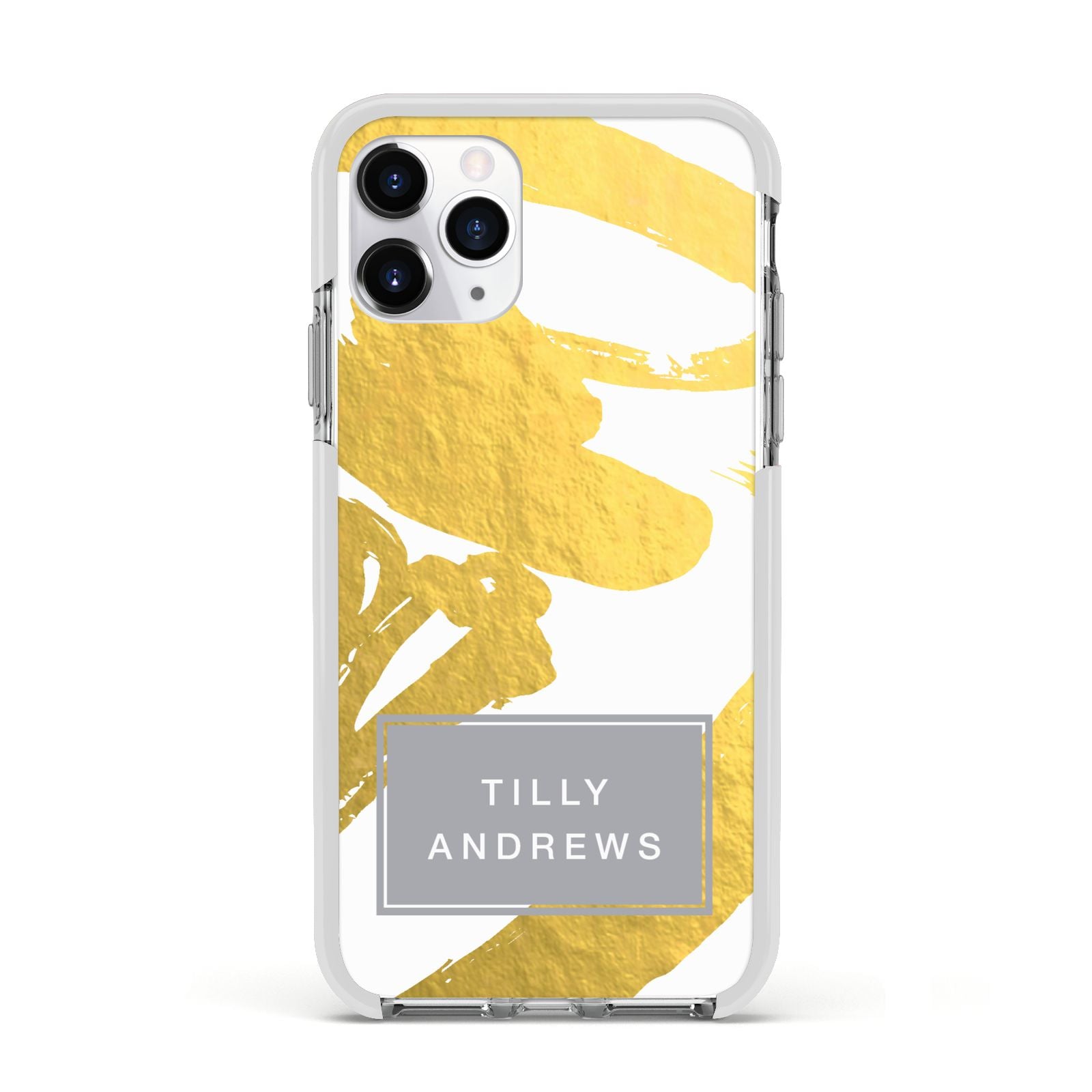 Personalised Gold Leaf White With Name Apple iPhone 11 Pro in Silver with White Impact Case