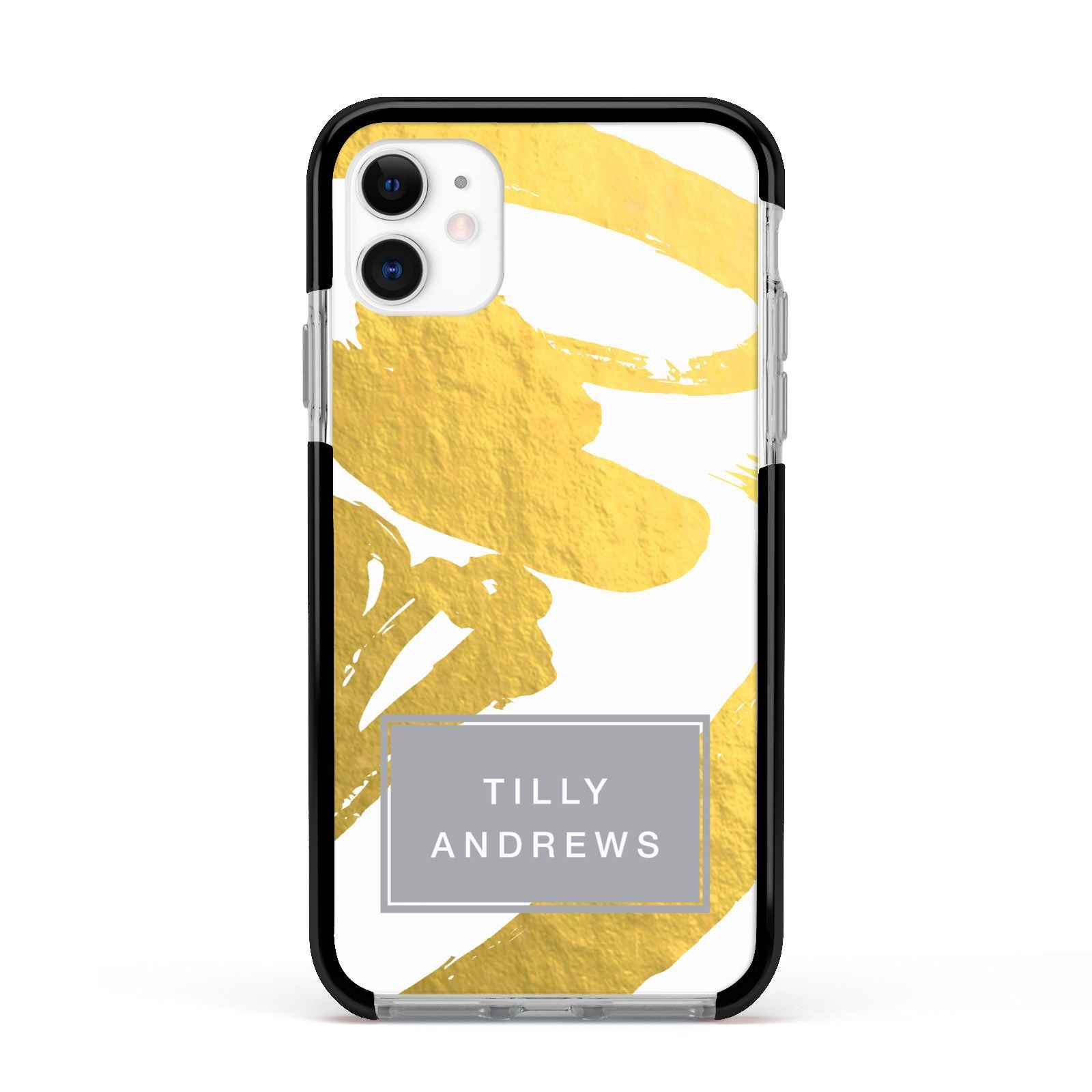 Personalised Gold Leaf White With Name Apple iPhone 11 in White with Black Impact Case