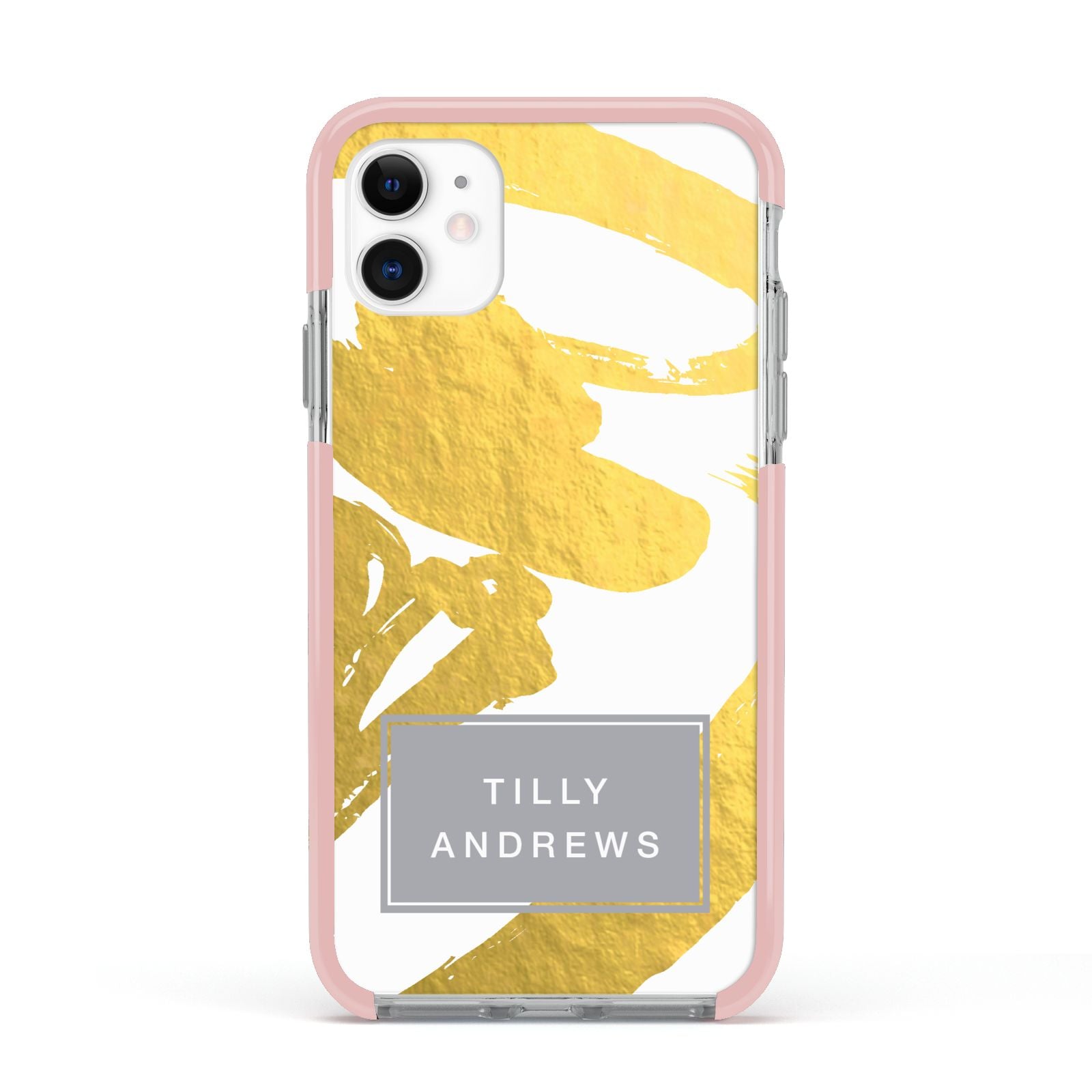 Personalised Gold Leaf White With Name Apple iPhone 11 in White with Pink Impact Case