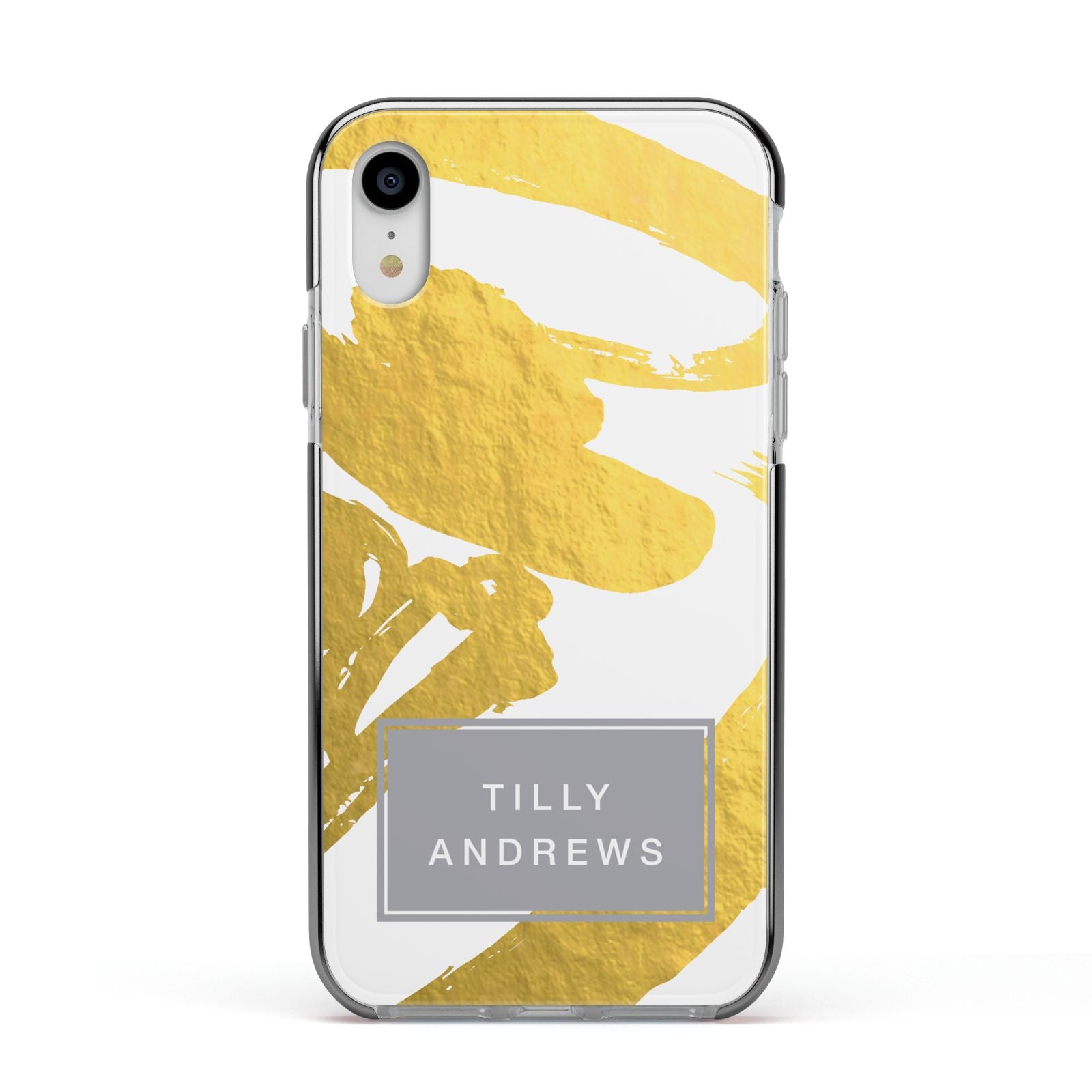 Personalised Gold Leaf White With Name Apple iPhone XR Impact Case Black Edge on Silver Phone