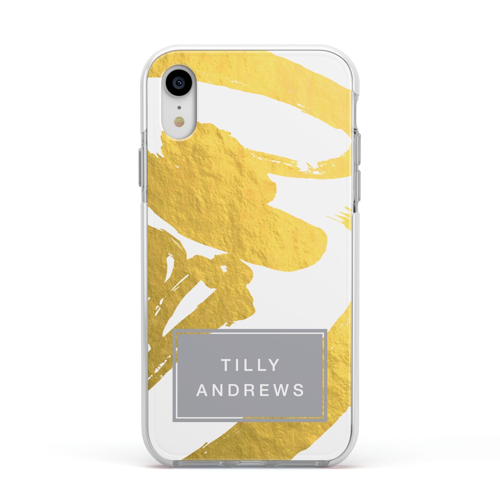 Personalised Gold Leaf White With Name Apple iPhone XR Impact Case White Edge on Silver Phone