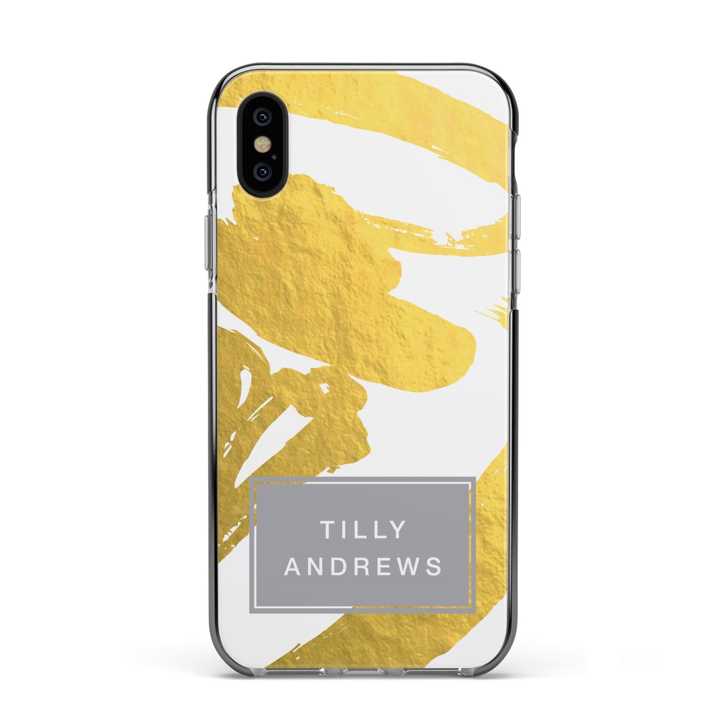 Personalised Gold Leaf White With Name Apple iPhone Xs Impact Case Black Edge on Black Phone