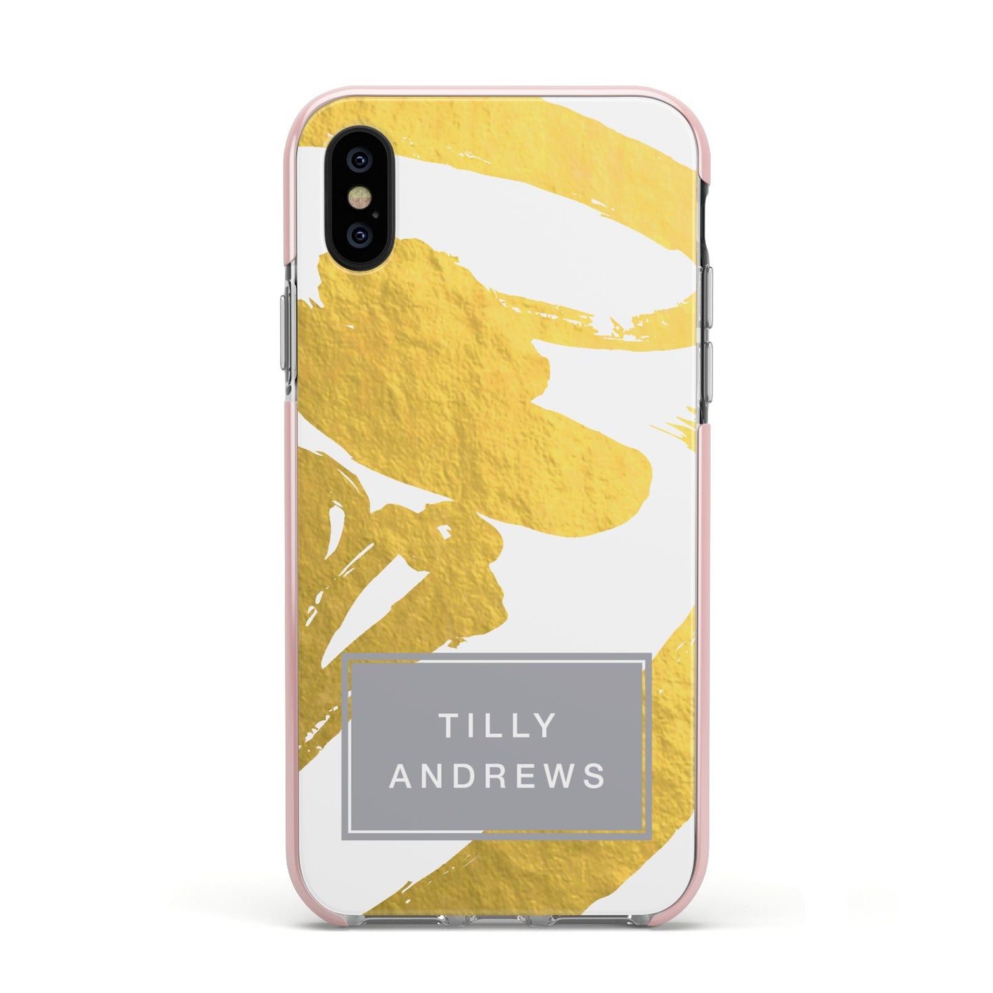 Personalised Gold Leaf White With Name Apple iPhone Xs Impact Case Pink Edge on Black Phone