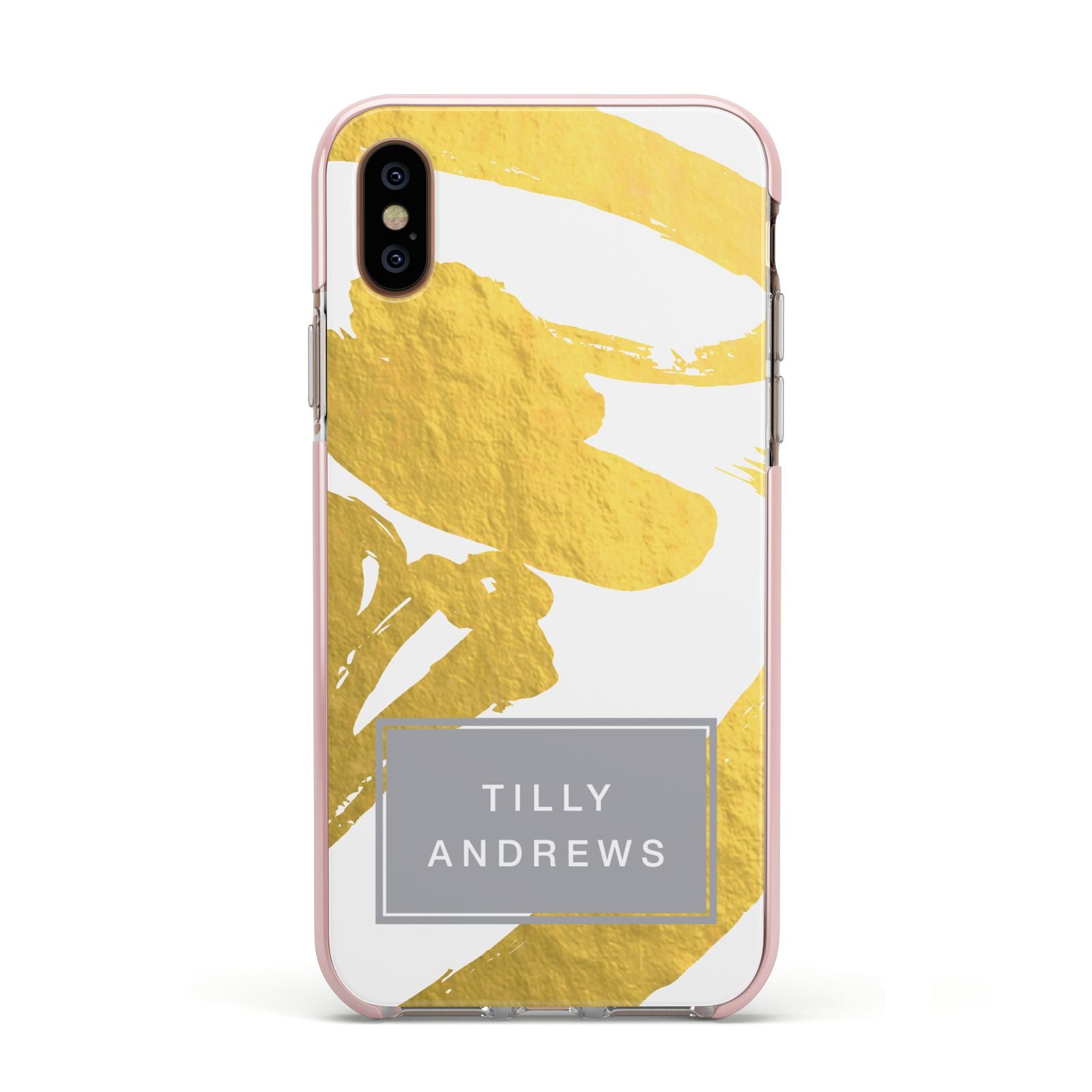 Personalised Gold Leaf White With Name Apple iPhone Xs Impact Case Pink Edge on Gold Phone