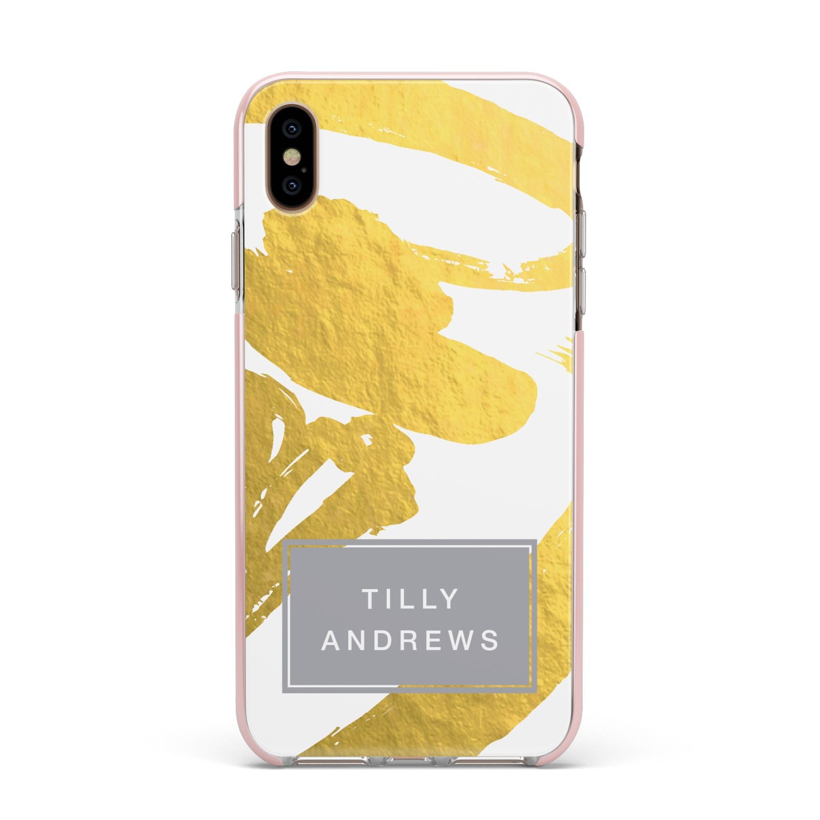 Personalised Gold Leaf White With Name Apple iPhone Xs Max Impact Case Pink Edge on Gold Phone