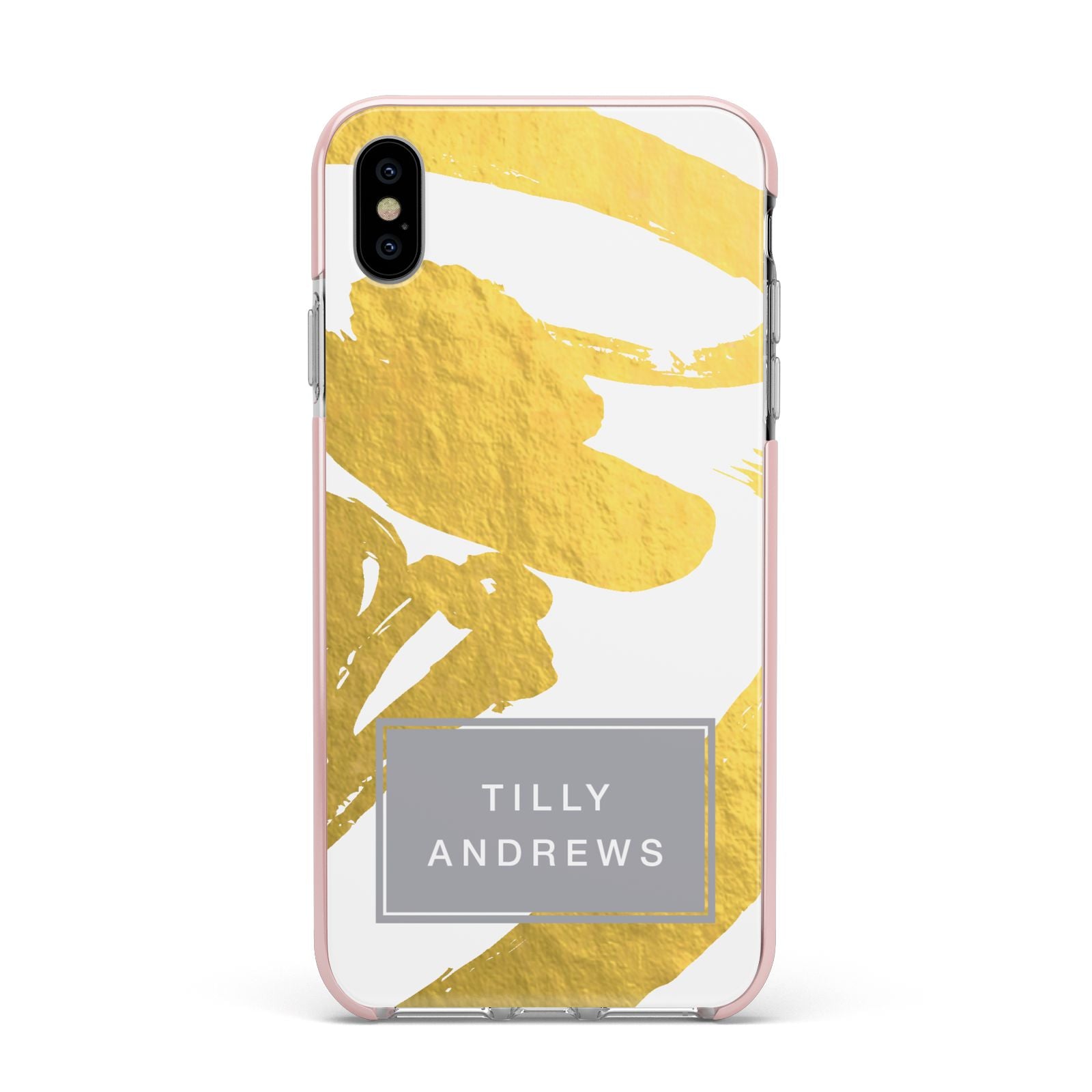 Personalised Gold Leaf White With Name Apple iPhone Xs Max Impact Case Pink Edge on Silver Phone