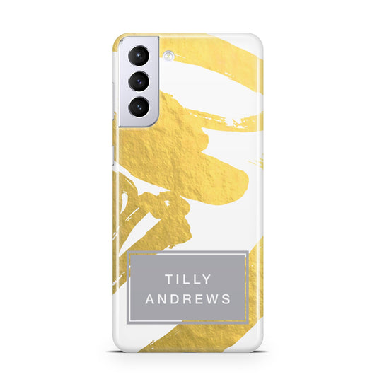 Personalised Gold Leaf White With Name Samsung S21 Plus Phone Case