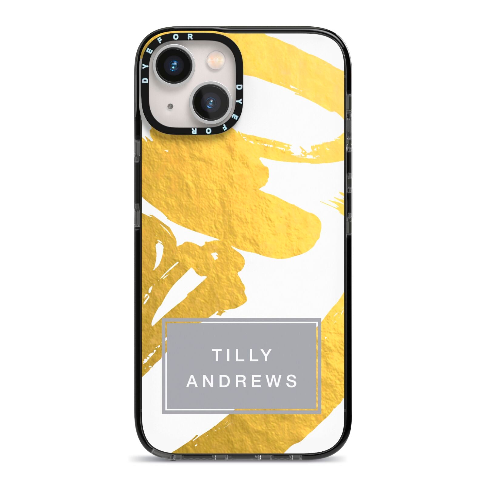 Personalised Gold Leaf White With Name iPhone 13 Black Impact Case on Silver phone