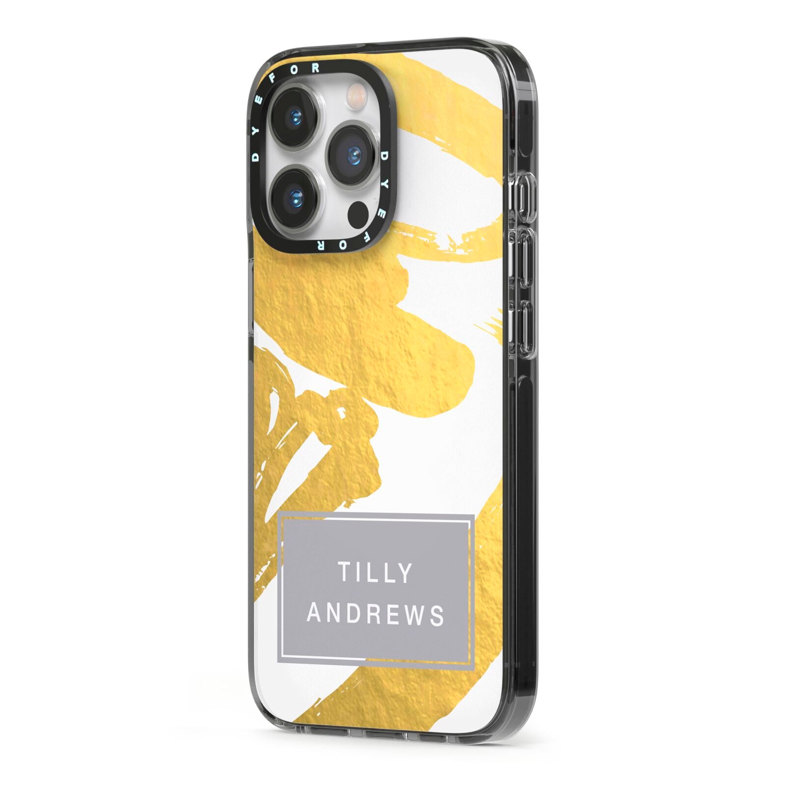 Personalised Gold Leaf White With Name iPhone 13 Pro Black Impact Case Side Angle on Silver phone