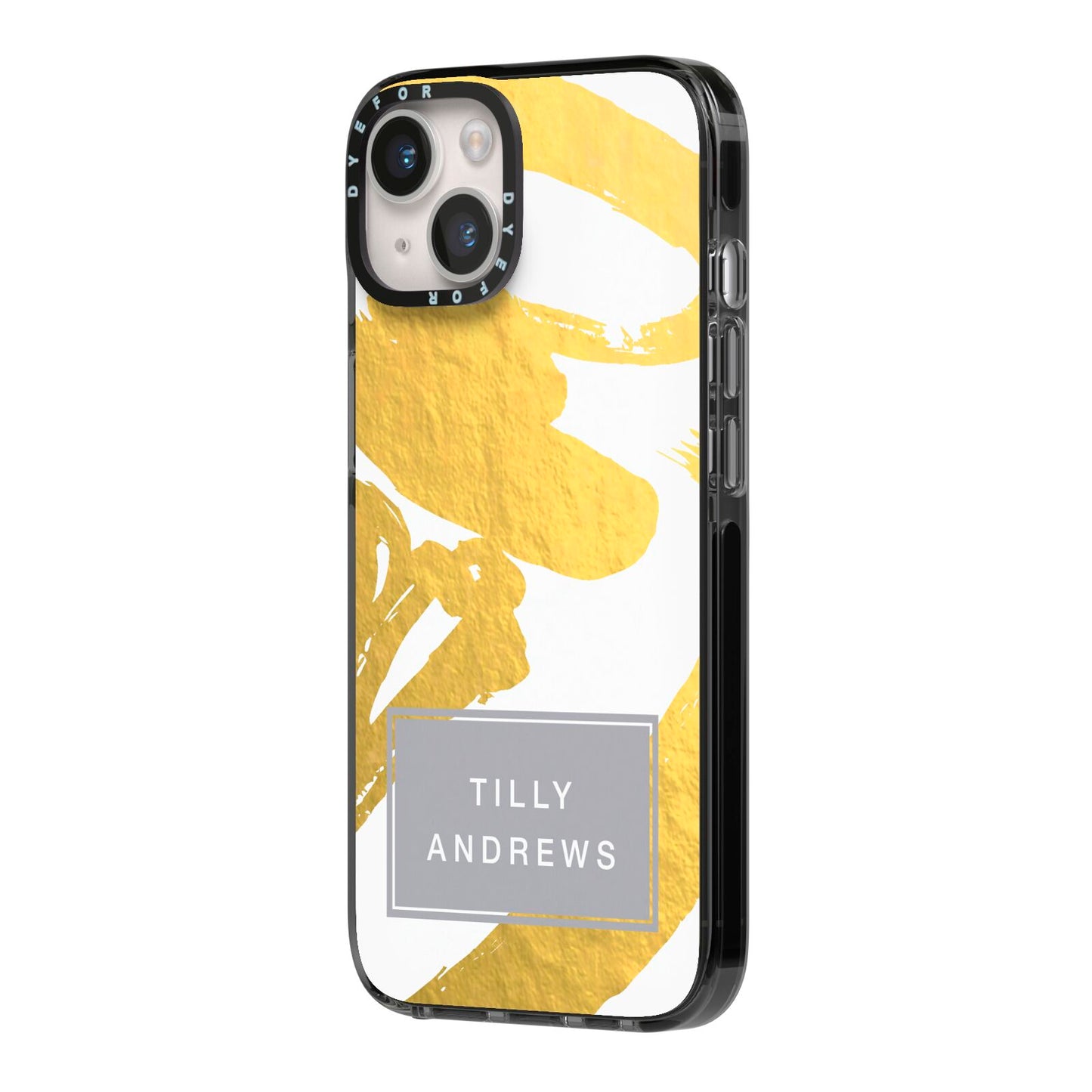 Personalised Gold Leaf White With Name iPhone 14 Black Impact Case Side Angle on Silver phone