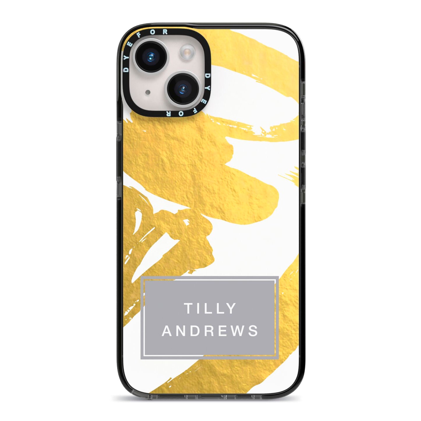 Personalised Gold Leaf White With Name iPhone 14 Black Impact Case on Silver phone