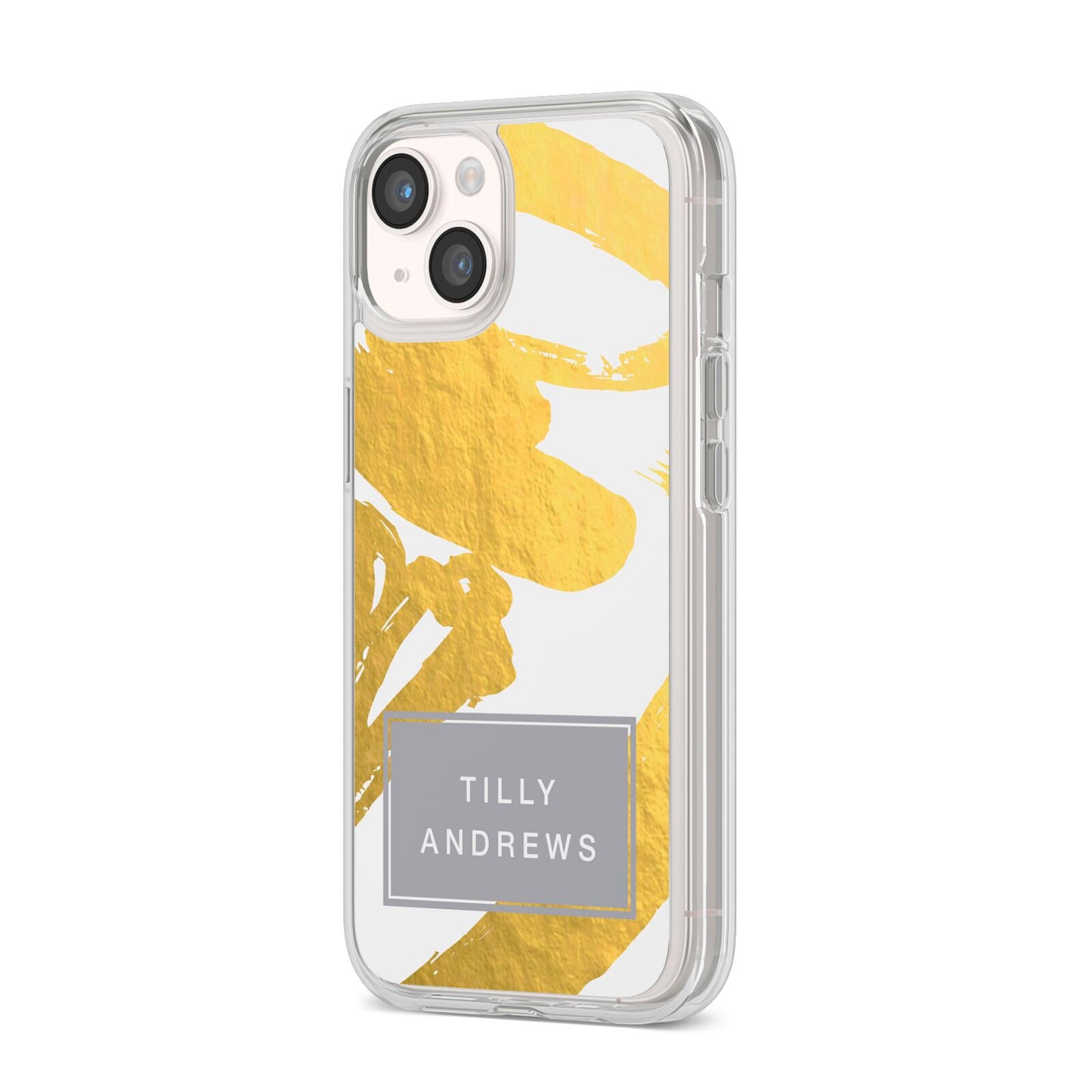 Personalised Gold Leaf White With Name iPhone 14 Clear Tough Case Starlight Angled Image