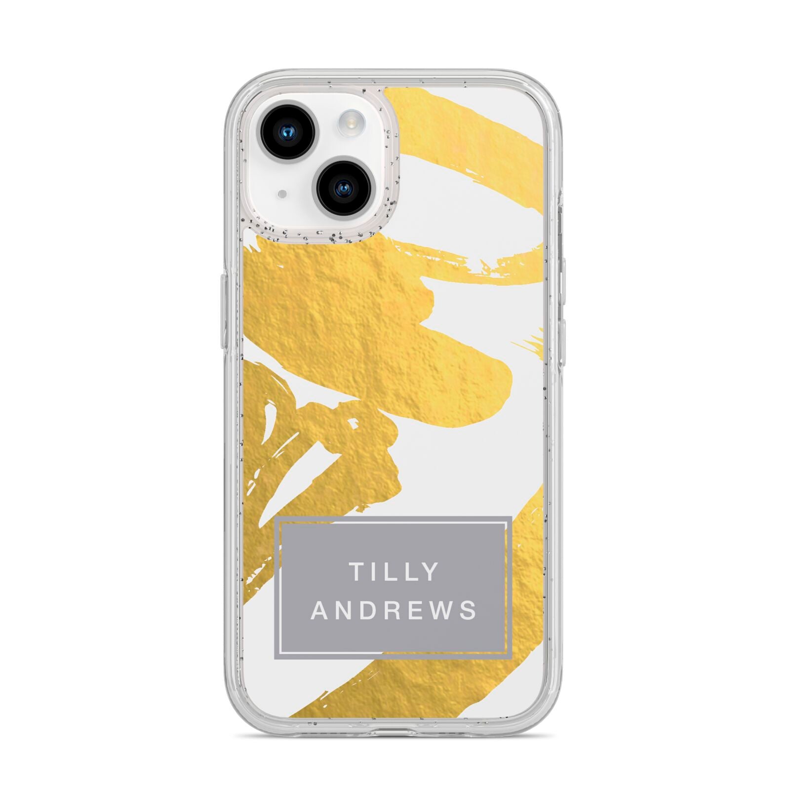 Personalised Gold Leaf White With Name iPhone 14 Glitter Tough Case Starlight