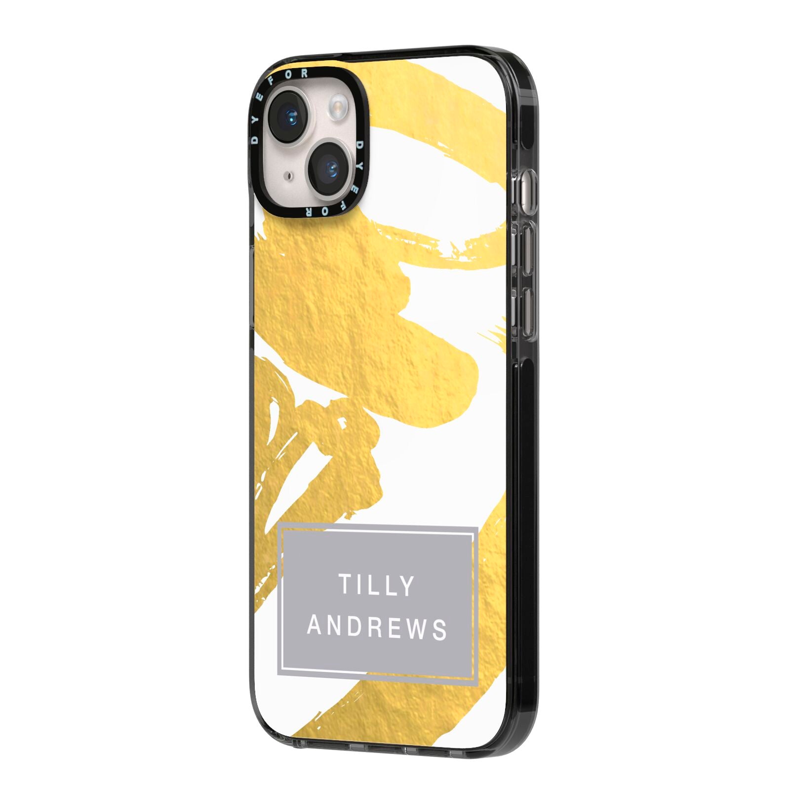 Personalised Gold Leaf White With Name iPhone 14 Plus Black Impact Case Side Angle on Silver phone