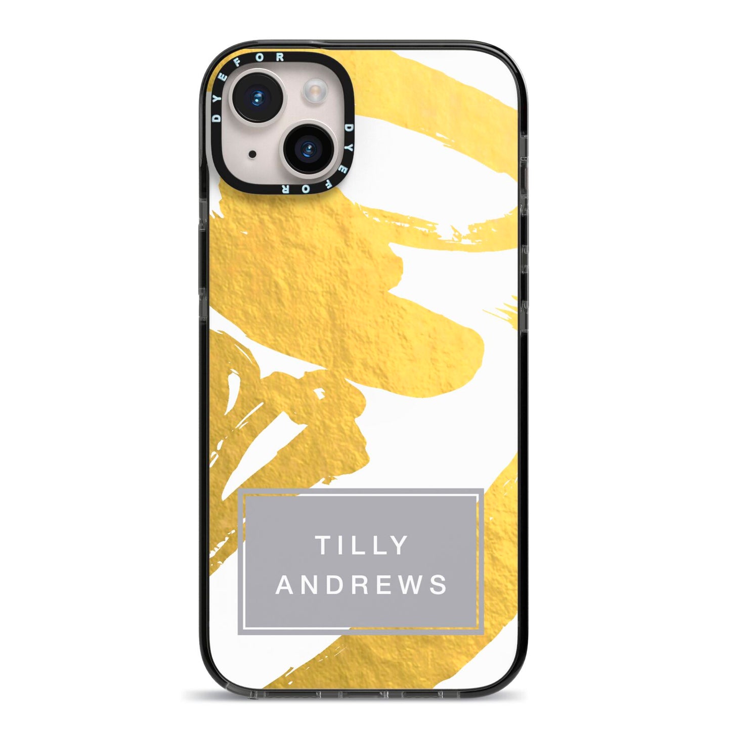 Personalised Gold Leaf White With Name iPhone 14 Plus Black Impact Case on Silver phone