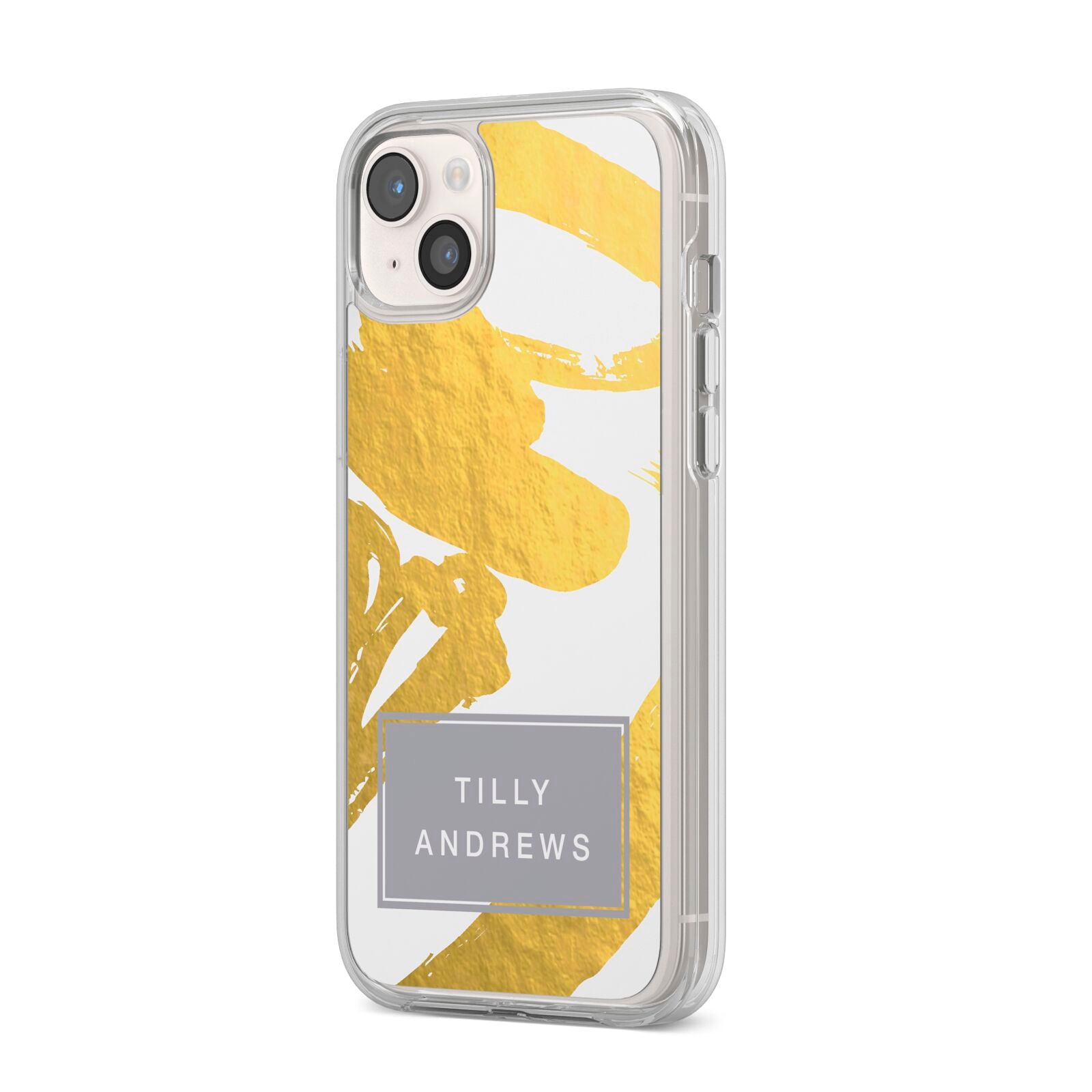 Personalised Gold Leaf White With Name iPhone 14 Plus Clear Tough Case Starlight Angled Image